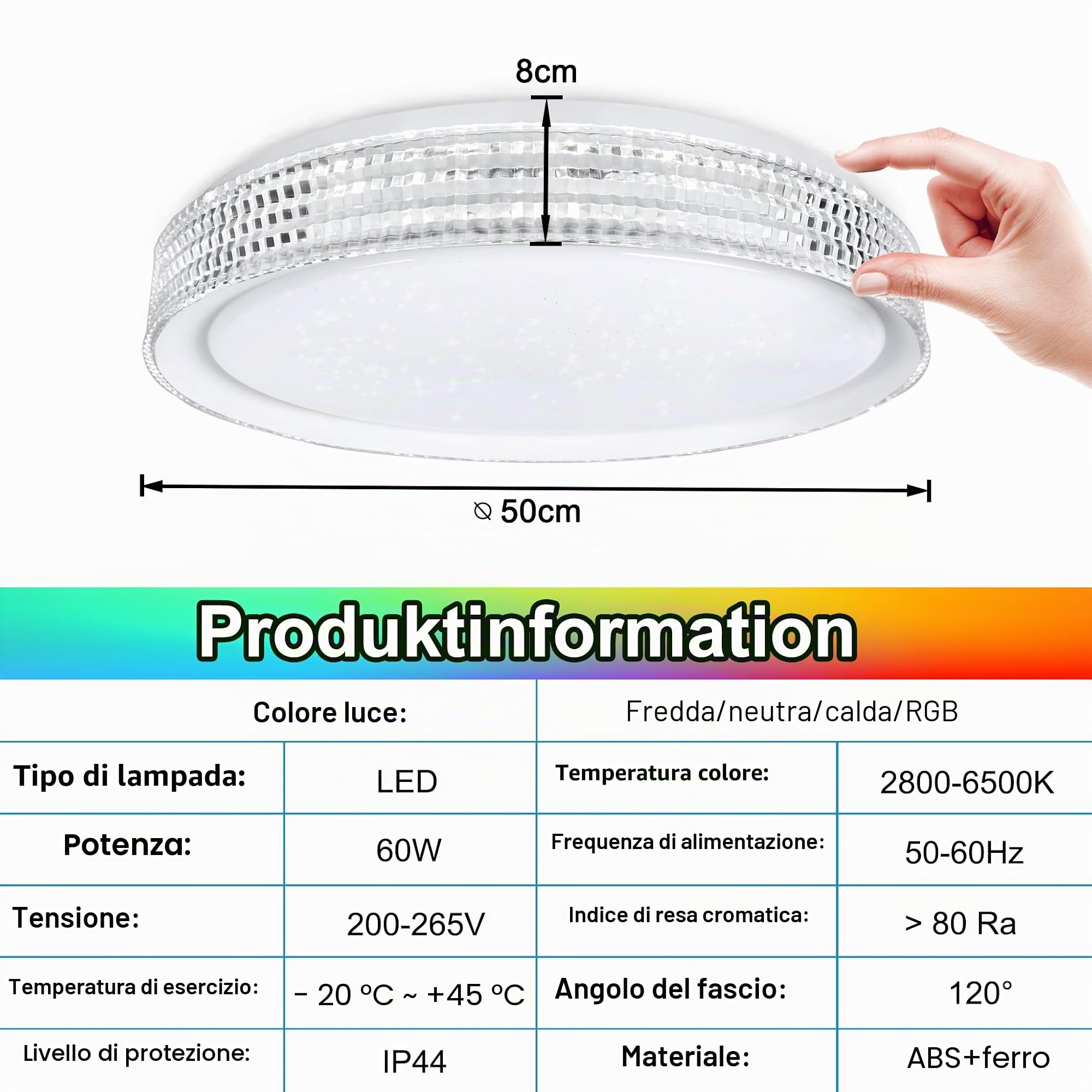 Froadp Lampada da soffitto da 60 W, dimmerabile, RGB LED, con telecomando, diametro 50 cm, rotonda, a risparmio energetico, IP44, impermeabile, per bagno, soggiorno, camera da letto (tipo B, anello di
