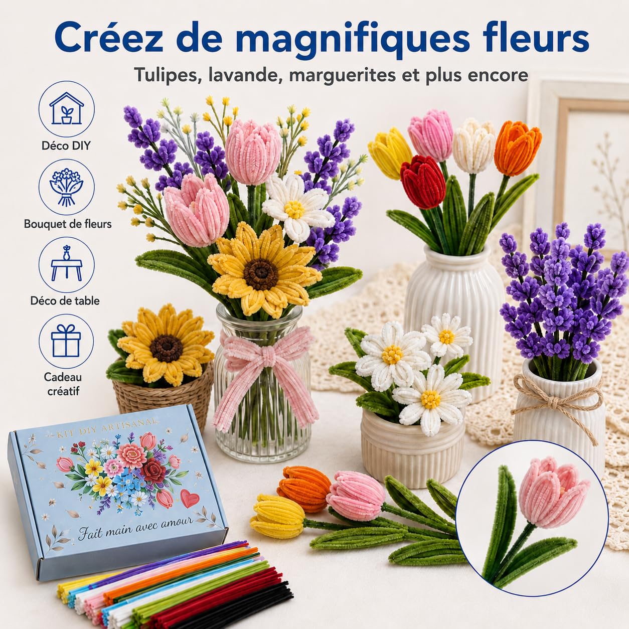 ELESKY Kit Fleurs en Fil Chenille 1000 Pièces, Cure-Pipes DIY