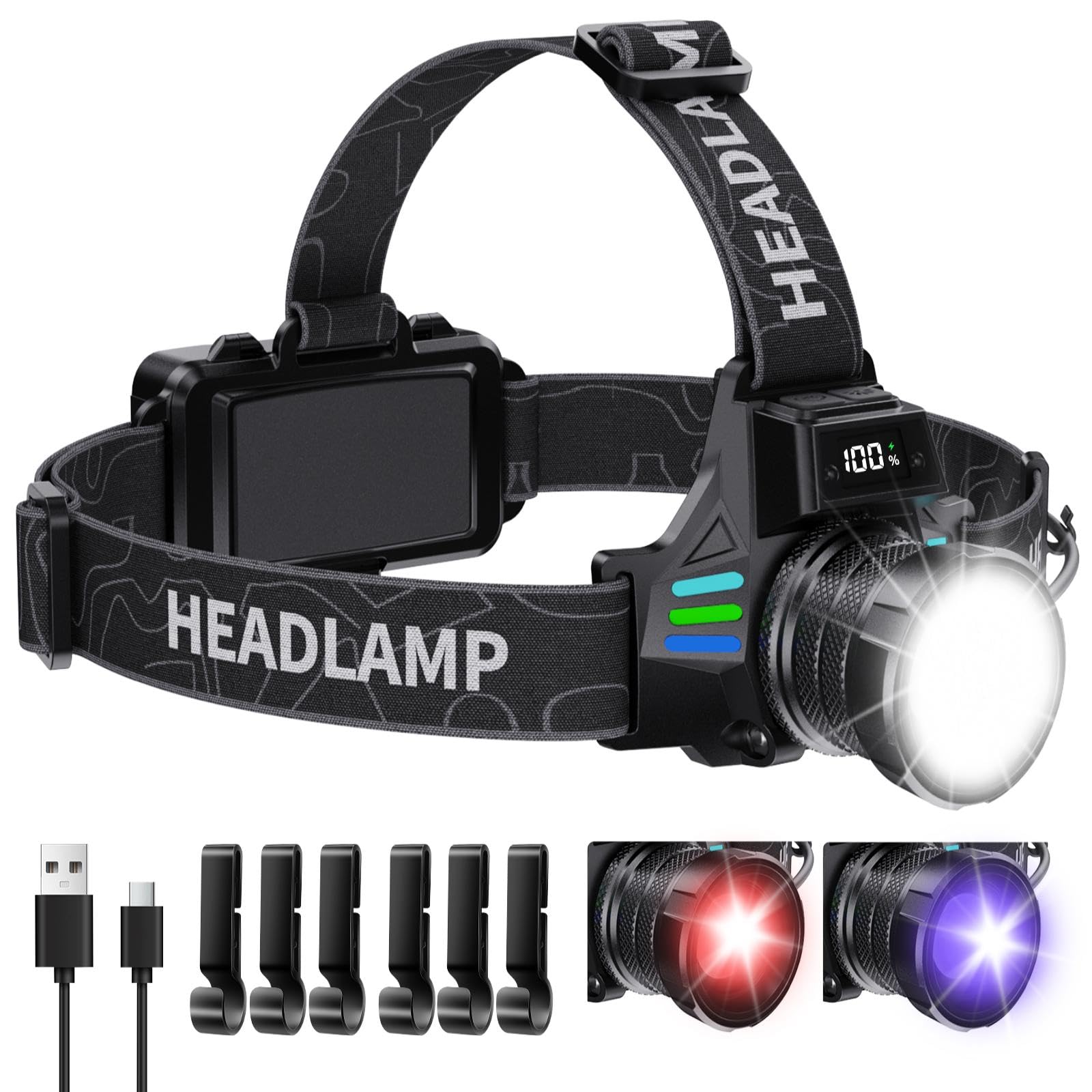 ET Head Torch Rechargeable with White/Red/UV/Black Light Headlamp, Super Bright 100000L LED Headlight with 16 Modes & Waterproof & 60°Adjustable & Motion Sensor & Zoomable Head Lamp for Camping Hiking