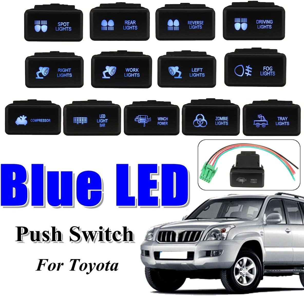 12V Blue LED Push Switch 5 Pin On Off Button Laser w/Connector Wire For Toyota Prado HiAce Hilux Landcruiser 1998-2015