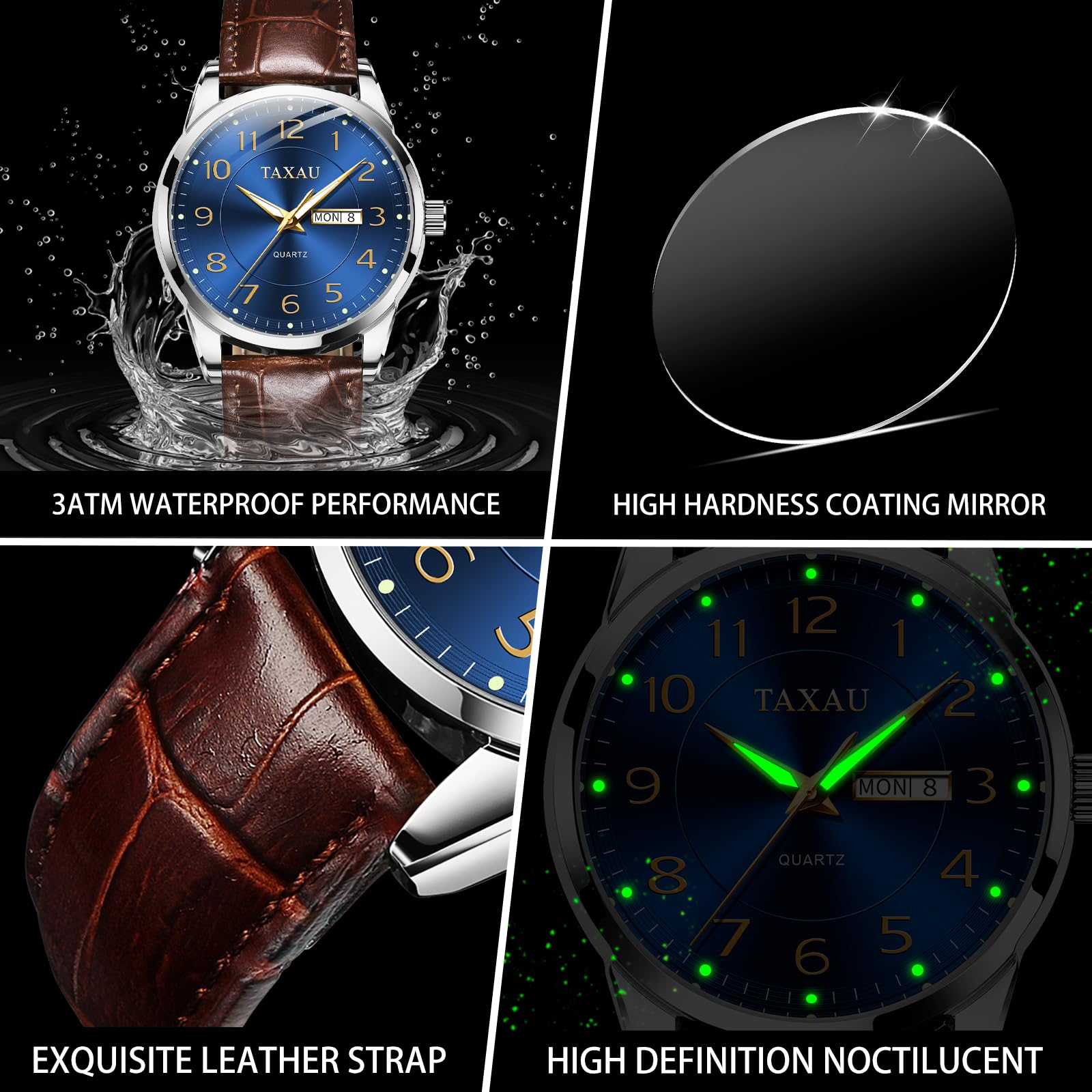 Taxau Herren Armbanduhr Leder Herrenuhr Lederarmband Uhren Herren Großes Zifferblatt Tag Datum Herrenarmbanduhr Wasserdicht Uhr Lässig Business Uhr für Herren