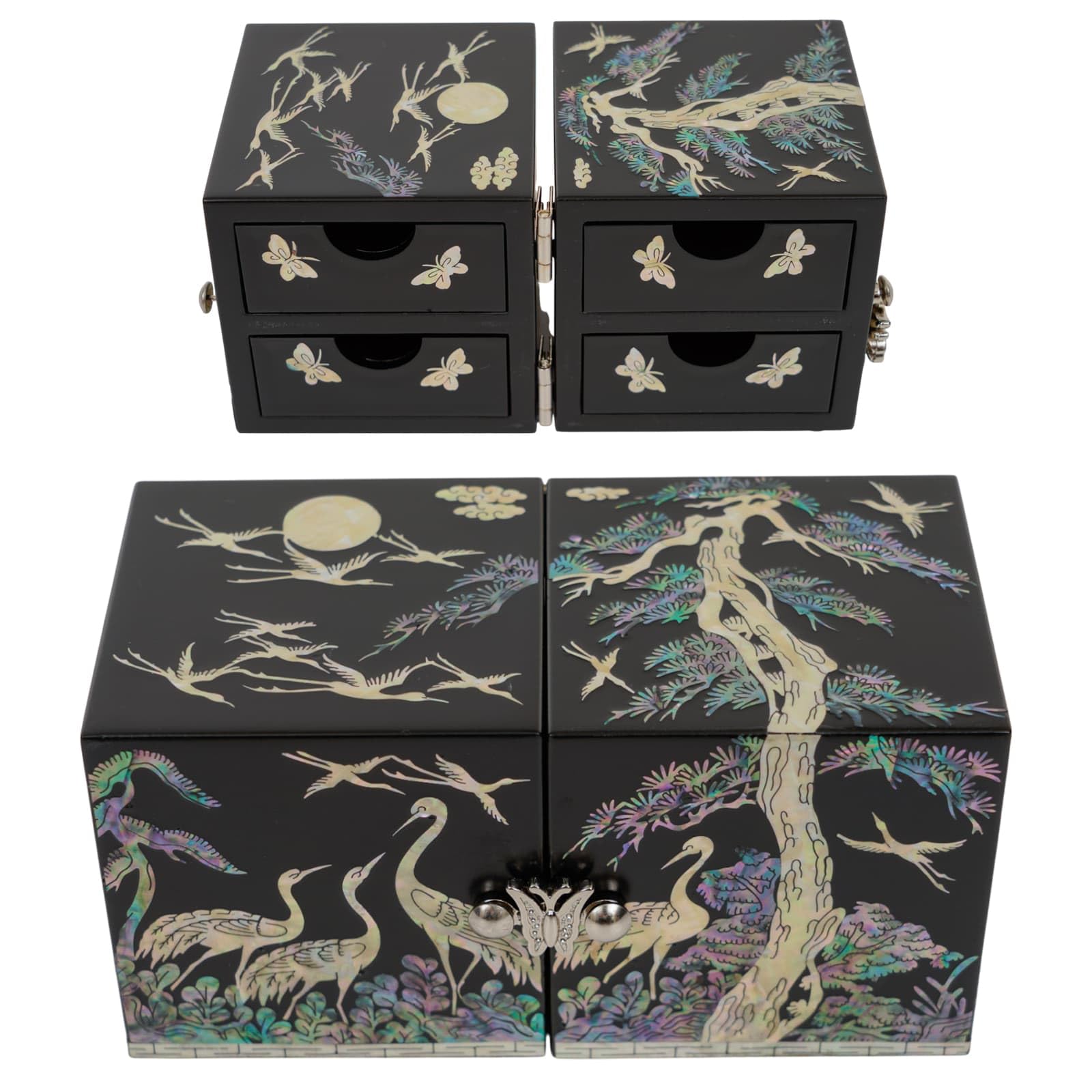 February Mountain Women's Black Mother Of Pearl Crane Pine Small Drawer Keepsake Box – Handmade Accessory Organizer With Velvet Lining – Luxury Gift For Anniversary, Mother’s Day, Christmas, Birthday