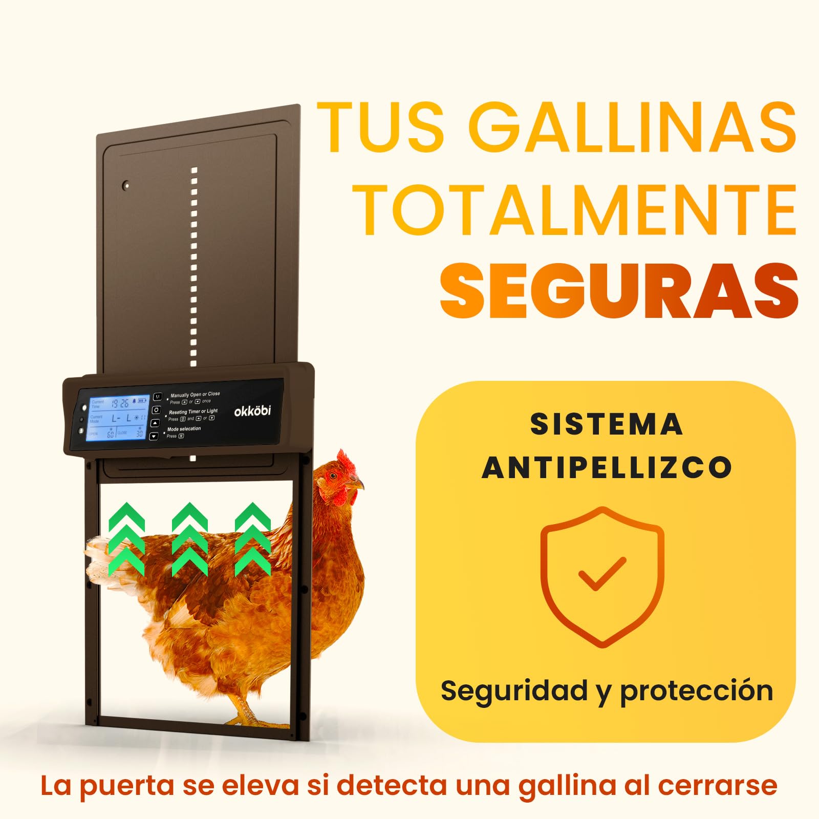Puerta Gallinero Automatica Solar - Pantalla LCD - Puerta Automatica Gallinero con Mando a distancia, Sensor de luz y Temporizador - Seguridad y Tranquilidad: Función anti-pellizco - 5 años protección