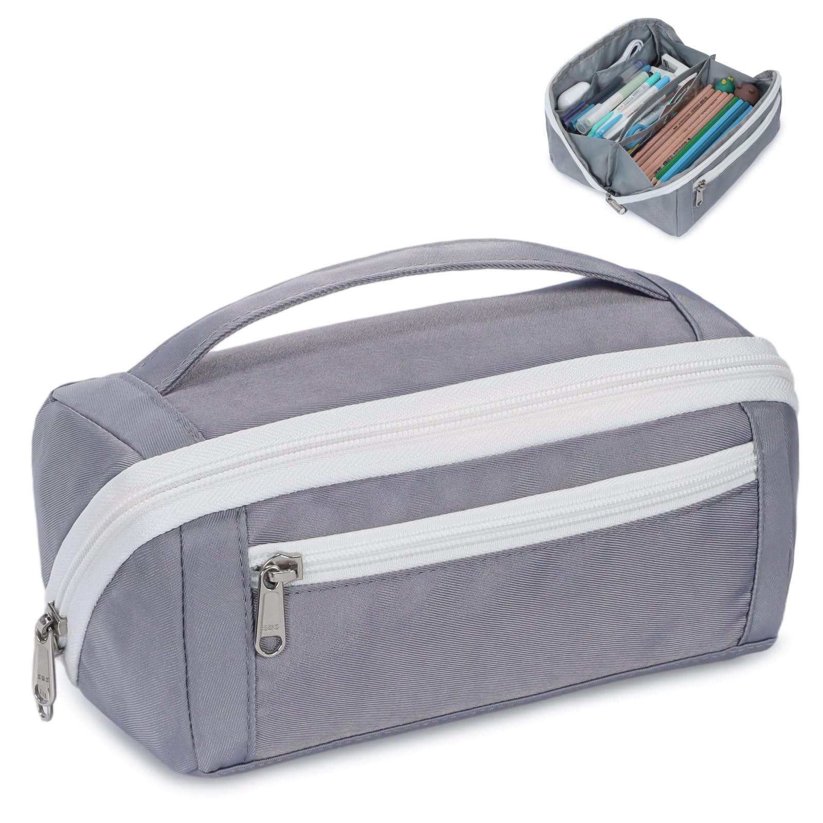 Large Pencil Pouch - 8 Compartments, Wide Handle Organizer Bag | Wide Open Pen Bag, Flexible Dividers &amp; Side Pockets, Handle, 900D Fabric, College Supplies for Teens, Black &amp; Grey
