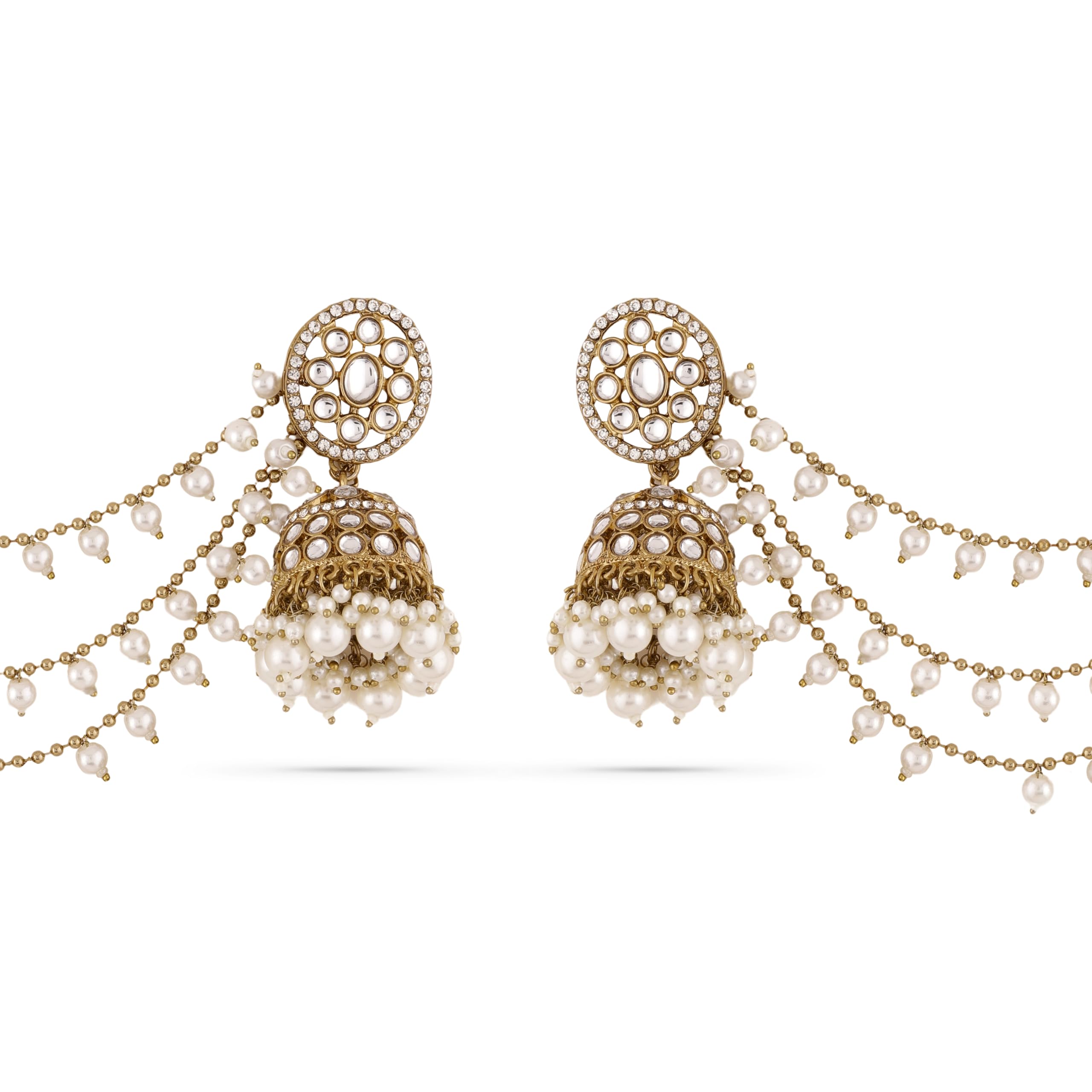 rubans 18K Gold-Plated Kundan & Zirconia Kan Chain Jhumka Earrings with White Pearl Beads-picture-27