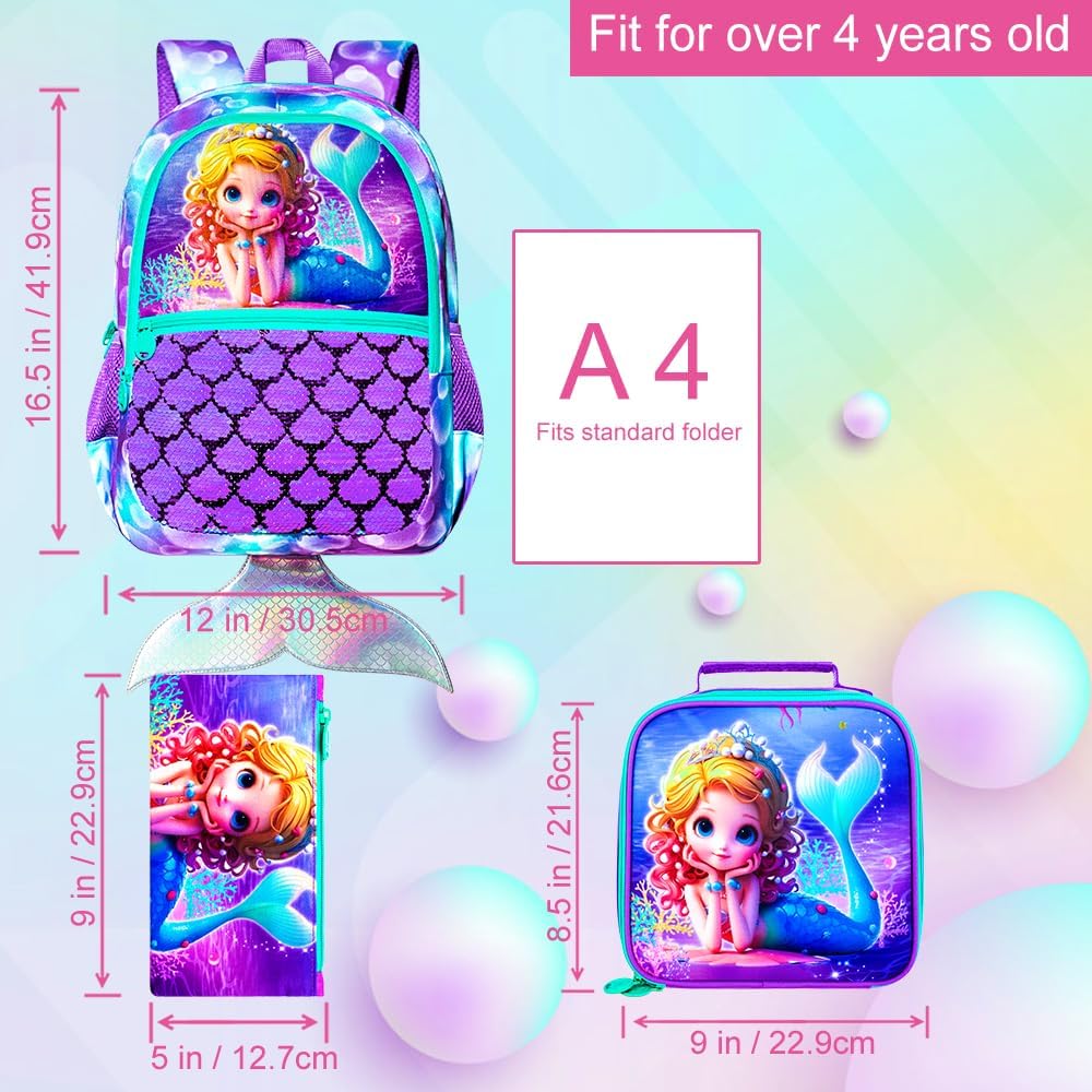 3Pcs Mermaid Backpack for Girls, 16" Sequins Kids Bookbag with Lunch Box, School Backpacks Set for Elementary Preschool Kindergarten(Purple) - Image 4