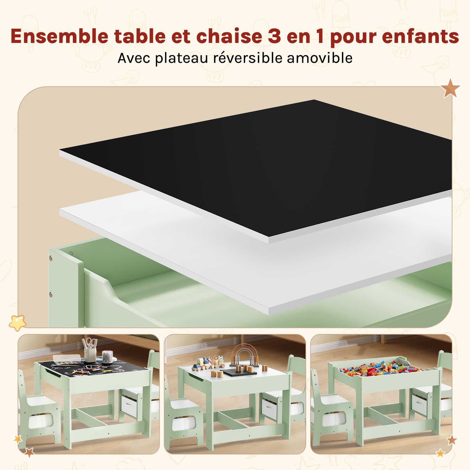 WOLTU Table et 2 Chaises pour Enfants, Mobilier pour Crèche avec Rangement, Plateau de Table Réversible,pour Enfants Plus de 2 Ans, en Bois MDF, Vert et Blanc