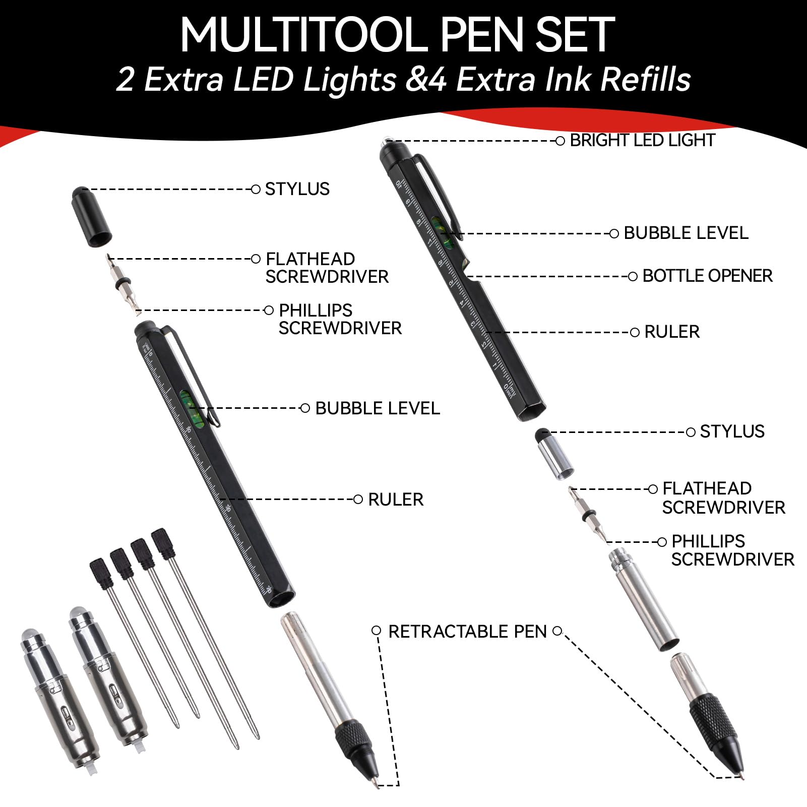 Fathers Day Dad Gift from Daughter Wife Son, 11 in 1 Multitool Pen with LED Light, Birthday Gifts for Men, Fathers Day Dad Gifts for Dad Gadgets Gifts for Men Who Have Everything, Black