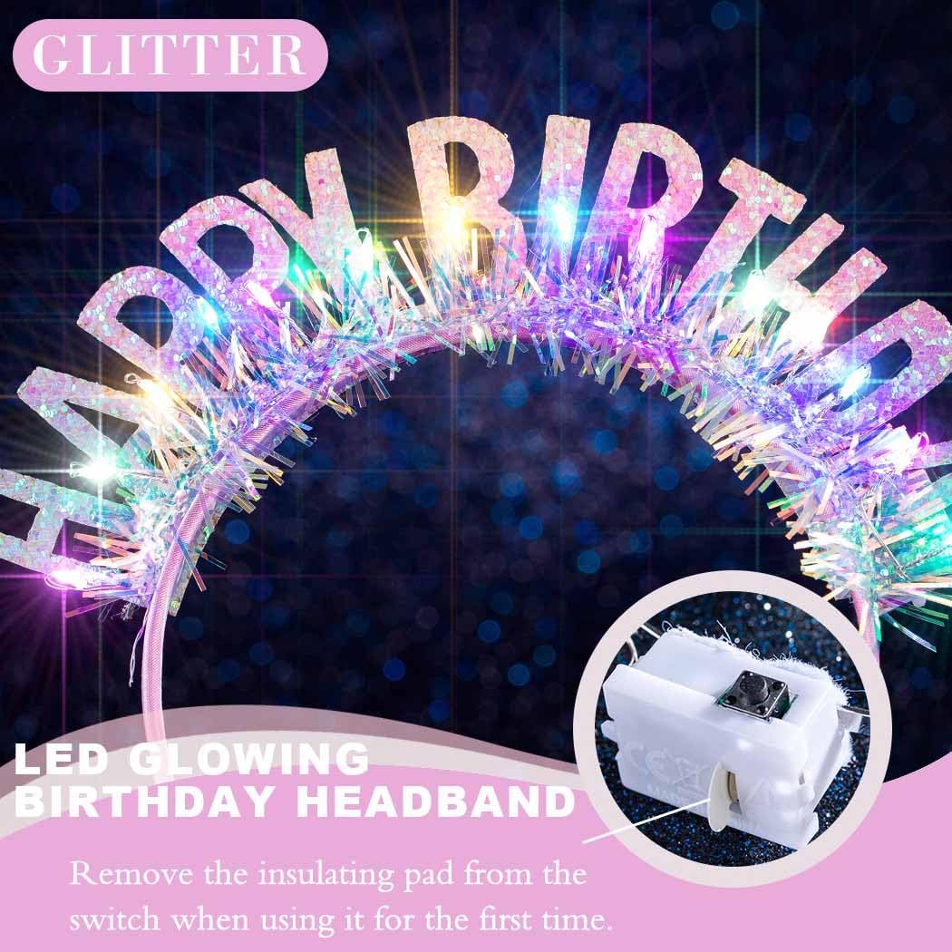 Light Up Happy Birthday Headband LED Tinsel Crown Glitter Birthday Hair Accessories for Women image 5