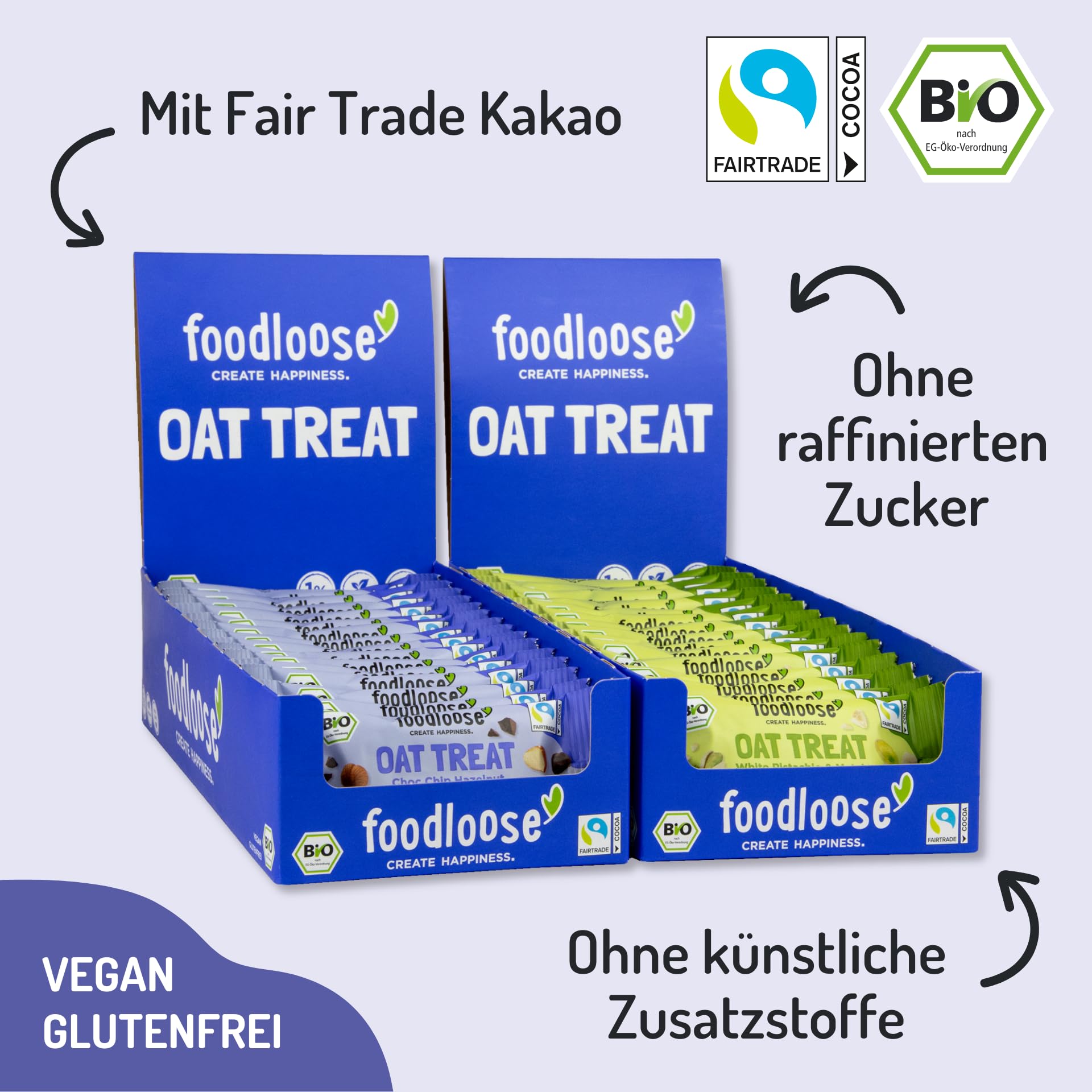 foodloose Oat Treats Bundle | Bio-Haferriegel White Pistachio & Matcha und Choc Chip Hazelnut | Vegan, glutenfrei & ohne raffinierten Zucker | Vorteilspack mit 30 Snacks à 40g