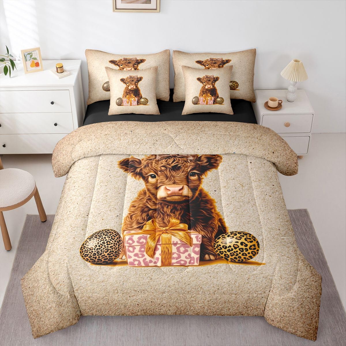 Erosebridal Cute Highland Cow 7 Piece Comforter Set Queen Bed in A Bag Bow Leopard Print Bedding Set Western Farmhouse Wild Animals Sheet Set with Comforter Cheetah Print Cattle Duvet Insert