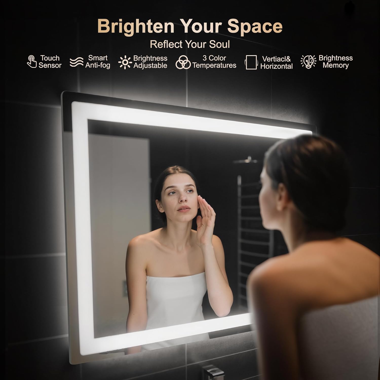delma led bathroom mirror with lights, 30x40 vanity mirror for bathroom wall, anti-fog, dimmable, front lit & backlit, memory function, shatterproof tempered glass, 3 color modes(horizontal/vertical) 3 light modes 30"l x 40"w