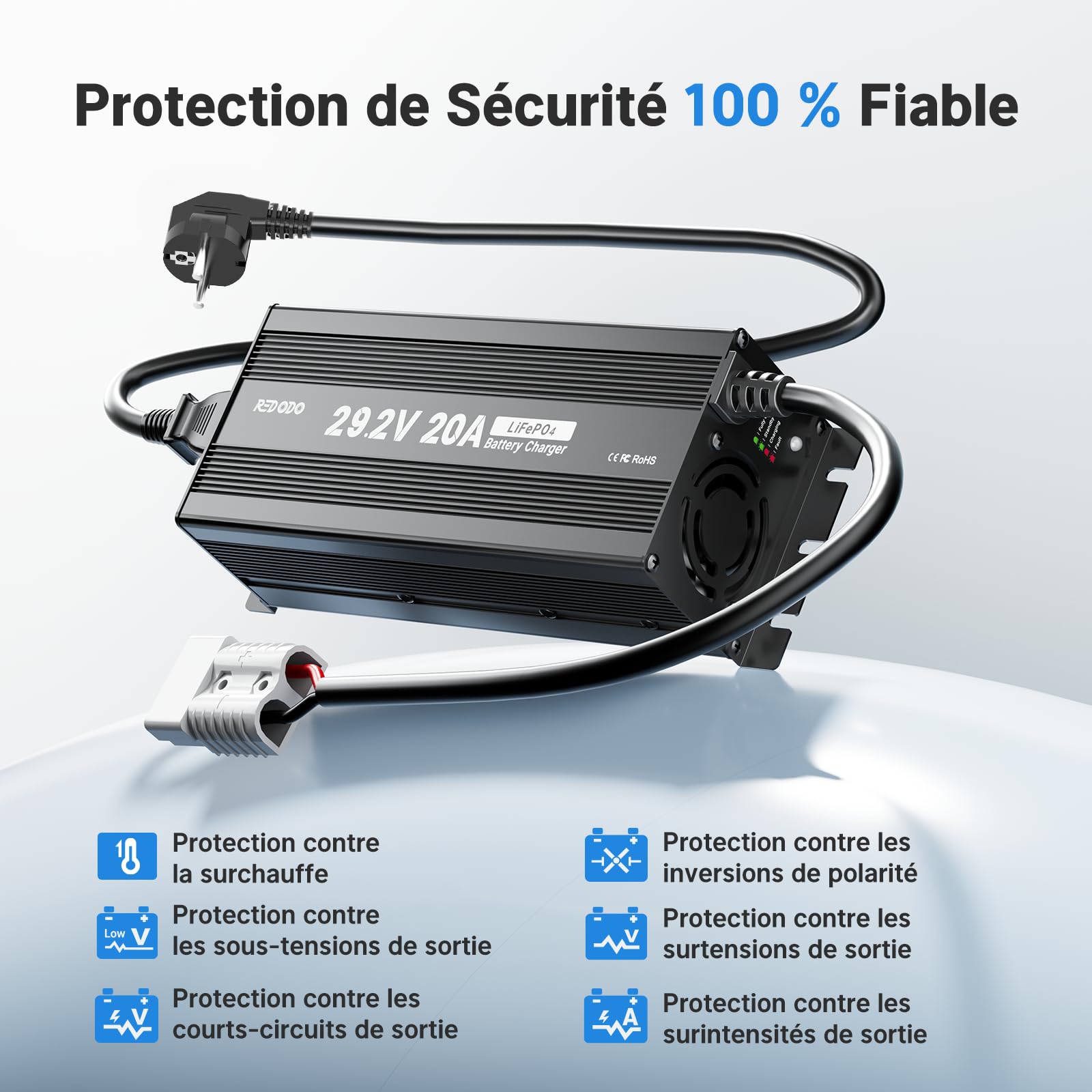 Redodo Chargeur de Batterie Lifepo4 pour Batterie Lithium Fer Phosphate, supporte la Charge Rapide (29,2V 20A)