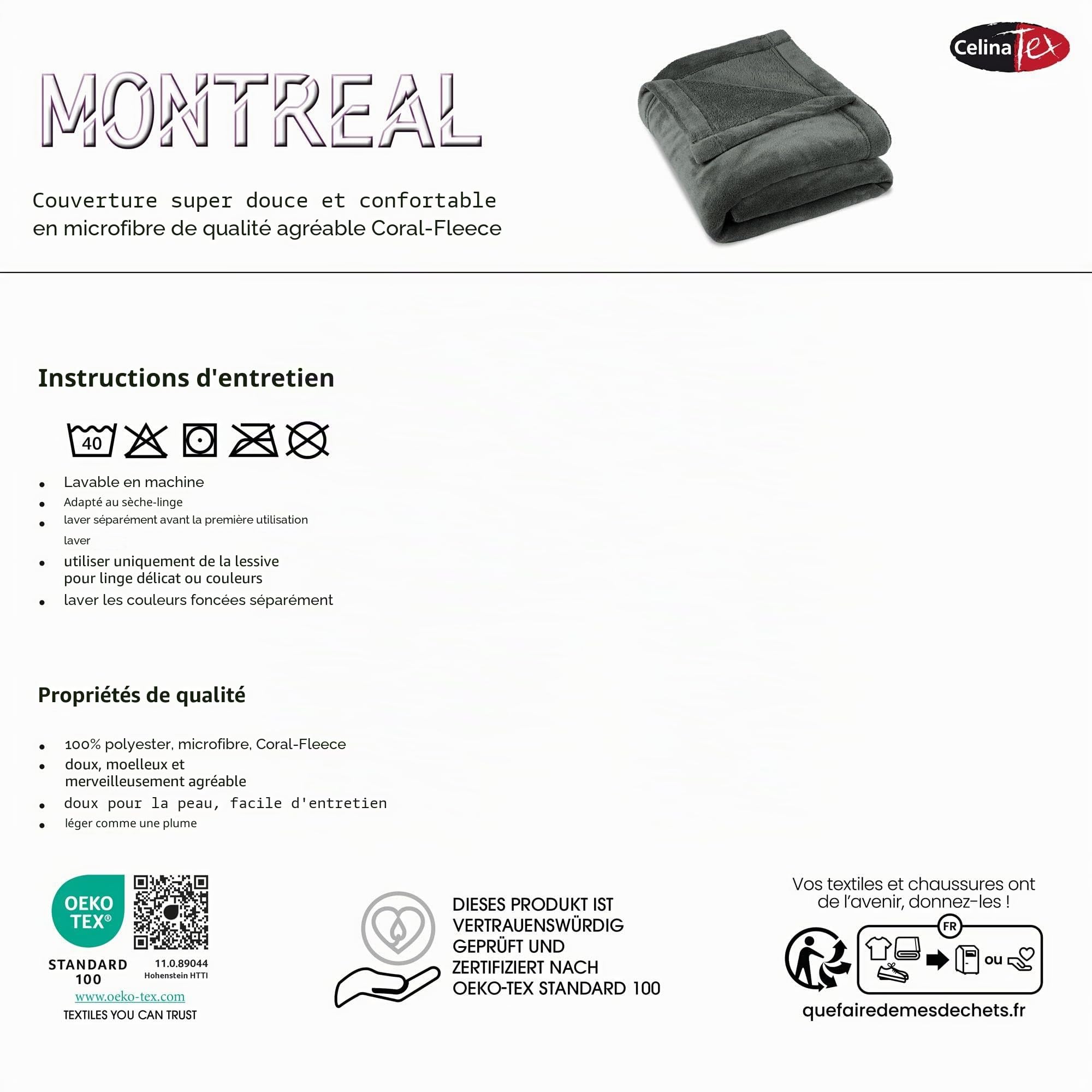 Couverture, Jour/Plafond, Montréal, Polaire Microfibre - Celinatex., Polyester, Bleu, 220 x 240 cm
