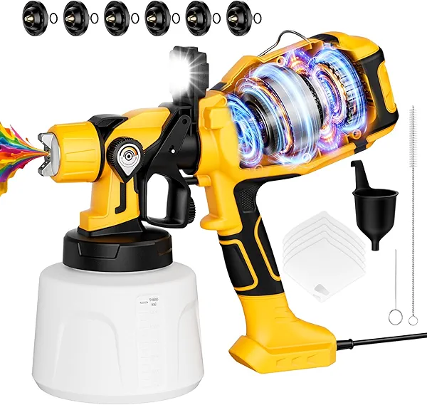 Paint Sprayer for House Painting, Paint Sprayer with 1000W Powerful Copper Motor, 1400ml (47oz) Container, 6 Brass Nozzles & LED Light, Easy to Clean for House, Fence, Furniture, Walls, DIY, Garden