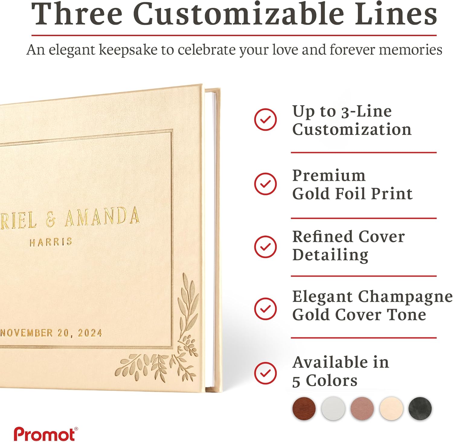 Promot Personalized Wedding Guest Book - Elegant Hardcover Guestbook for Wedding Reception, Bridal and Baby Shower, Birthday, Wedding Books Guests to Sign, Custom Embossed Text with Gold Metallic Foil