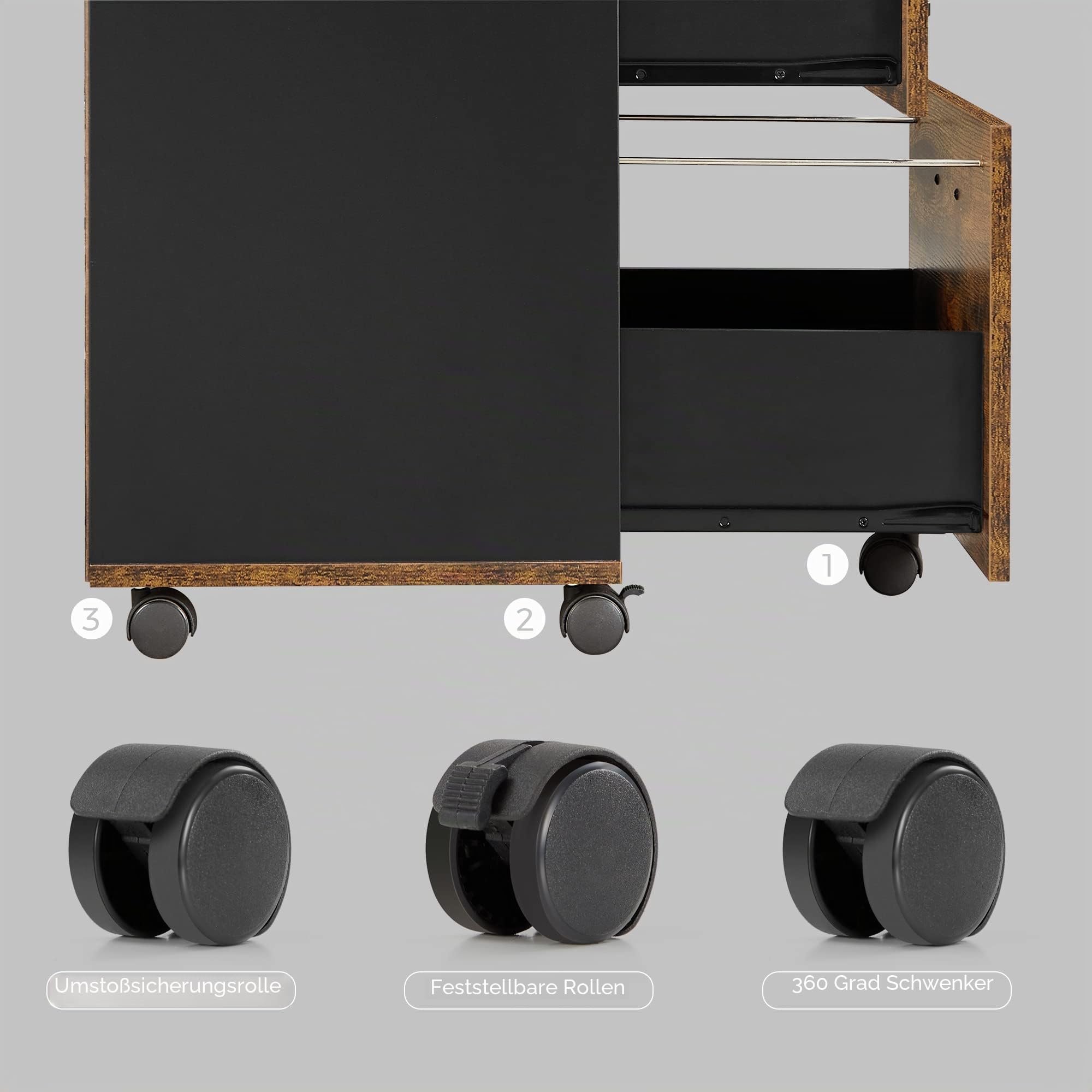 VASAGLE OFC040B01 Schubladenbox mit 2 Schubladen auf Rollen, Mobile Schreibtischaufbewahrung, für Dokumente, A4-Format, Hängeordner, industrieller Stil, rustikales Braun und Schwarz