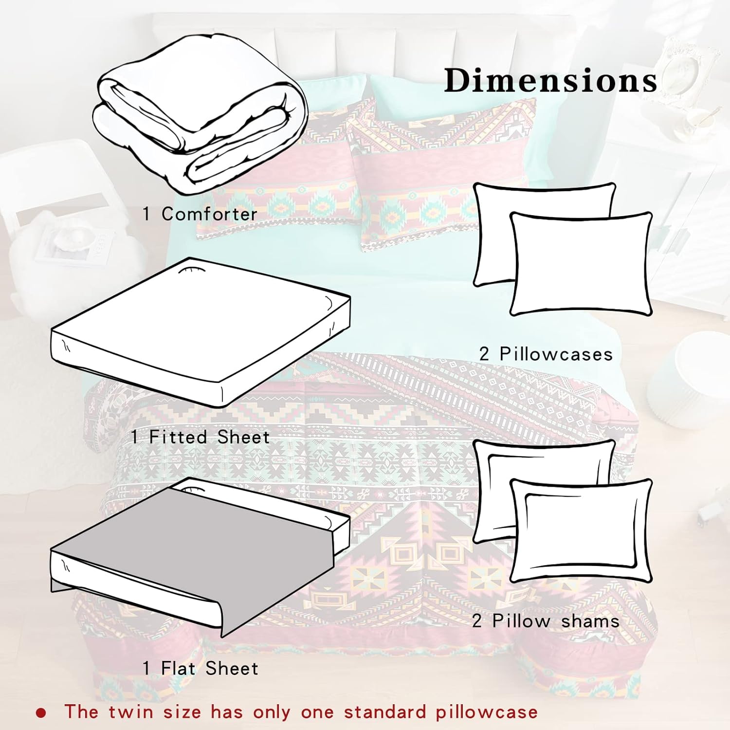 Flysheep Boho Bed in a Bag 7 Pieces Queen Size, Colorful Bohemian Tribal Comforter Set with Teal Sheet Set for All Season(1 Comforter, 1 Flat Sheet, 1 Fitted Sheet, 2 Pillow Shams, 2 Pillowcases)