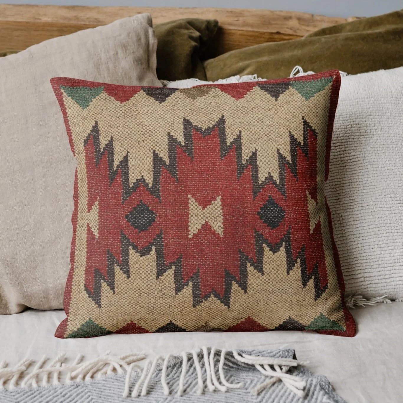 Handwoven Wool Jute Kilim Pillow Cover, Traditional Rug Cushion Cover for Sofa, Couch, 18 x 18 inch (Pack of 1)
