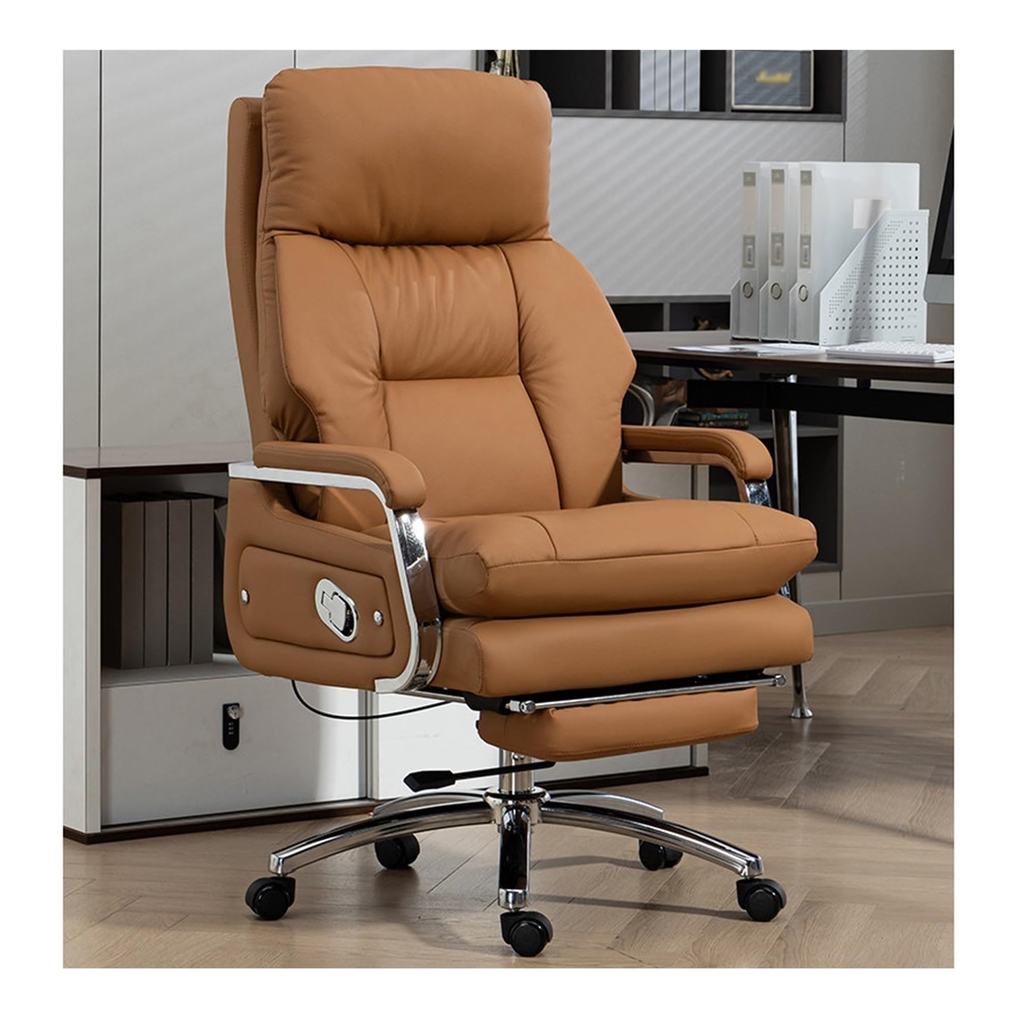 High Back Executive Office Chair, Leather Computer Chair, Ergonomic Desk Chair with Footrest, Heavy Duty Support up to 660LBS, 160° Backrest Tilt and 15° Rocking Function(Amber)