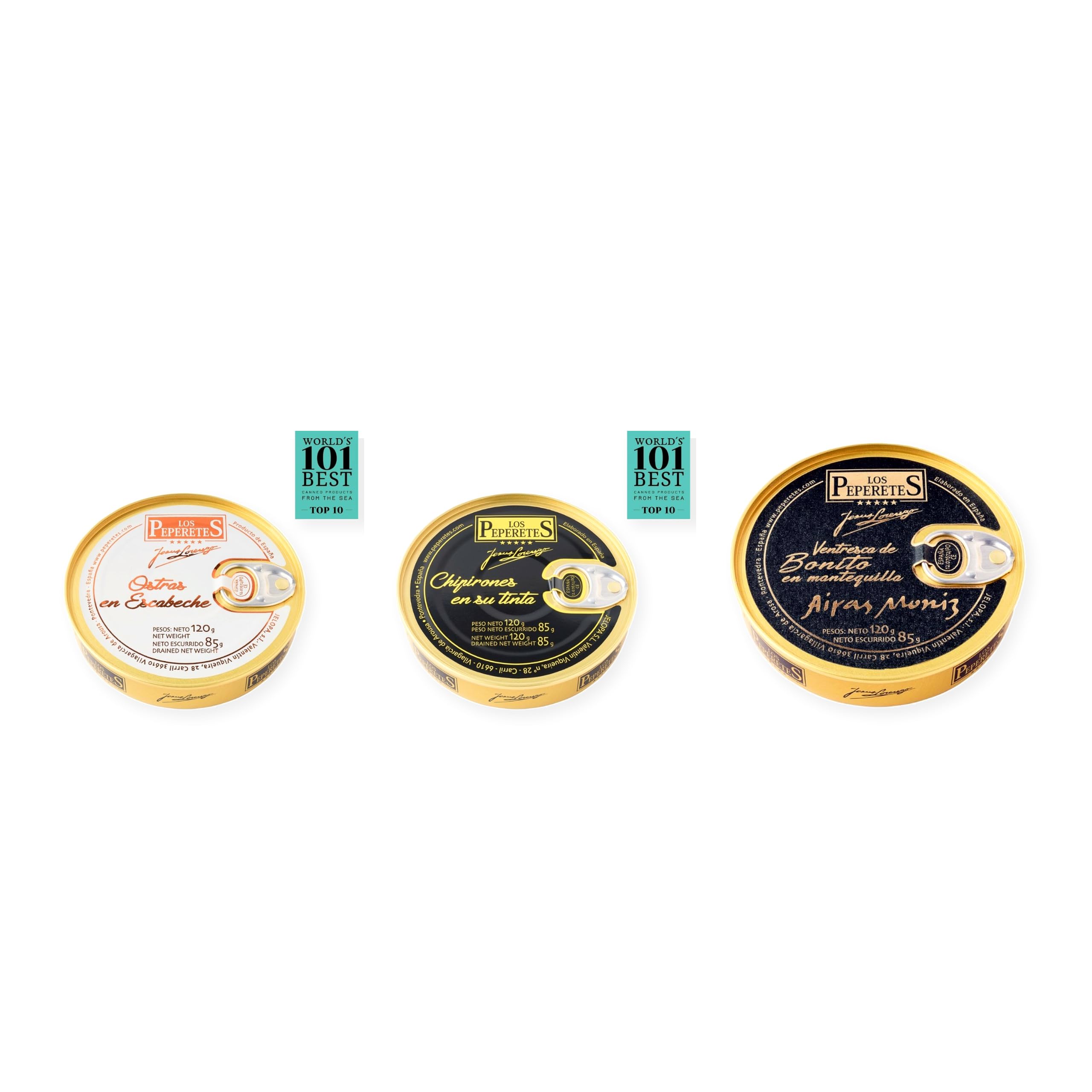 los peperetes conservas Ostras Escabeche, Chipirones Tinta 120g y Ventresca Bonito Mantequilla pack 3 latas