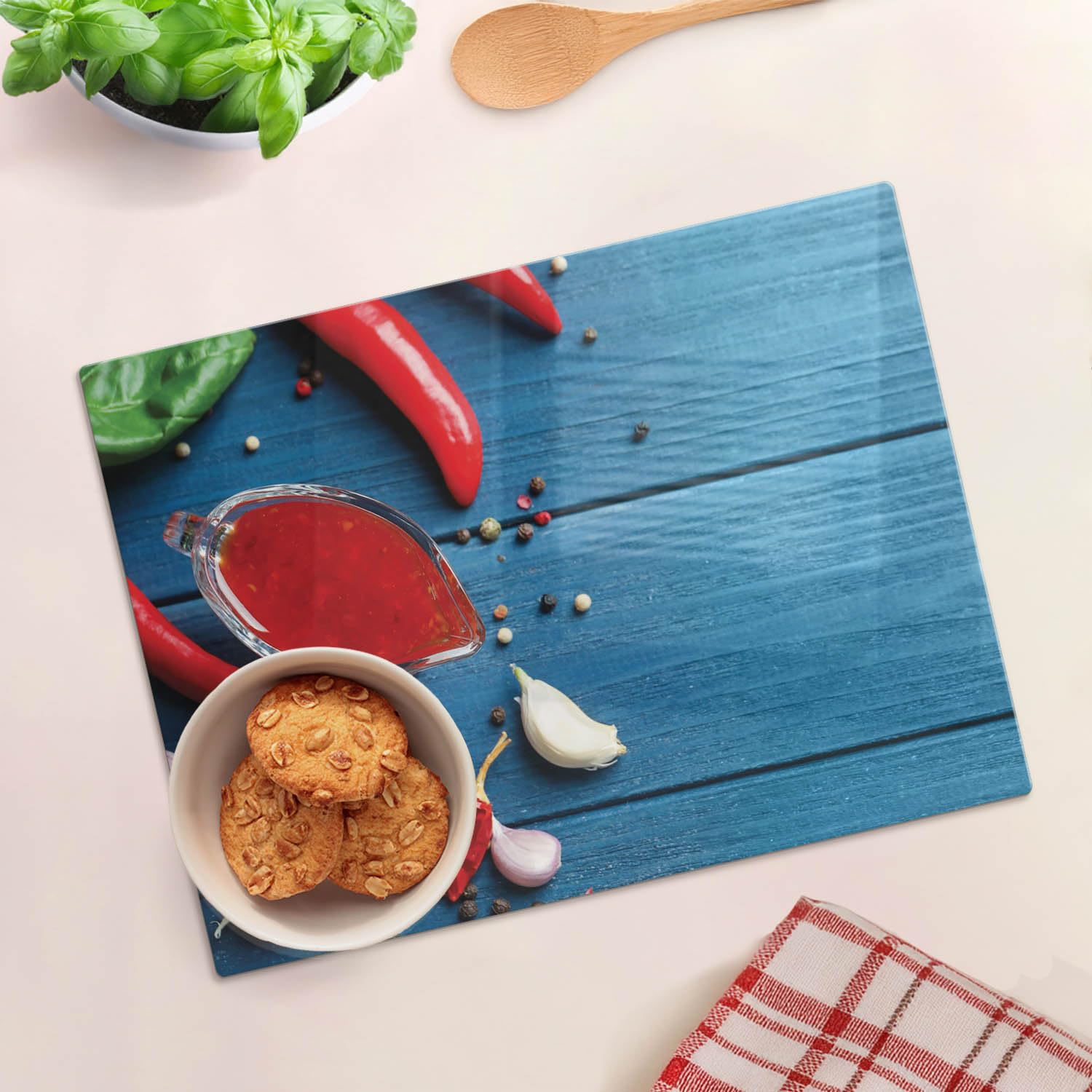 Multifunzione: Tagliere in vetro e coperchio 40x30 cm Legno di salsa chili