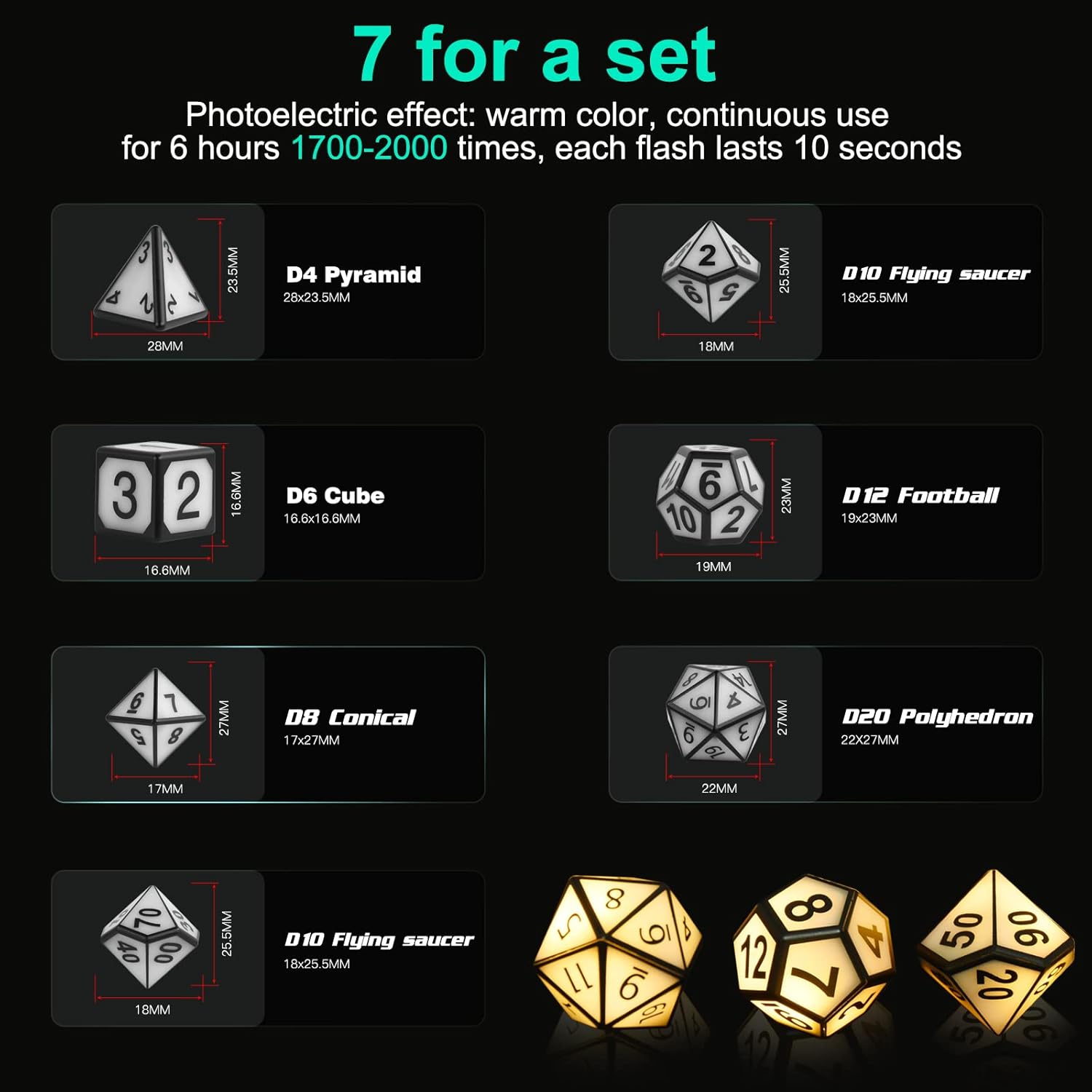 Rechargable DND Dice Set, 7PCS Light Up Dice, Glowing LED Dice Electronic Dices, D&D Polyhedral Dice Set for RPG Role Playing Table Game