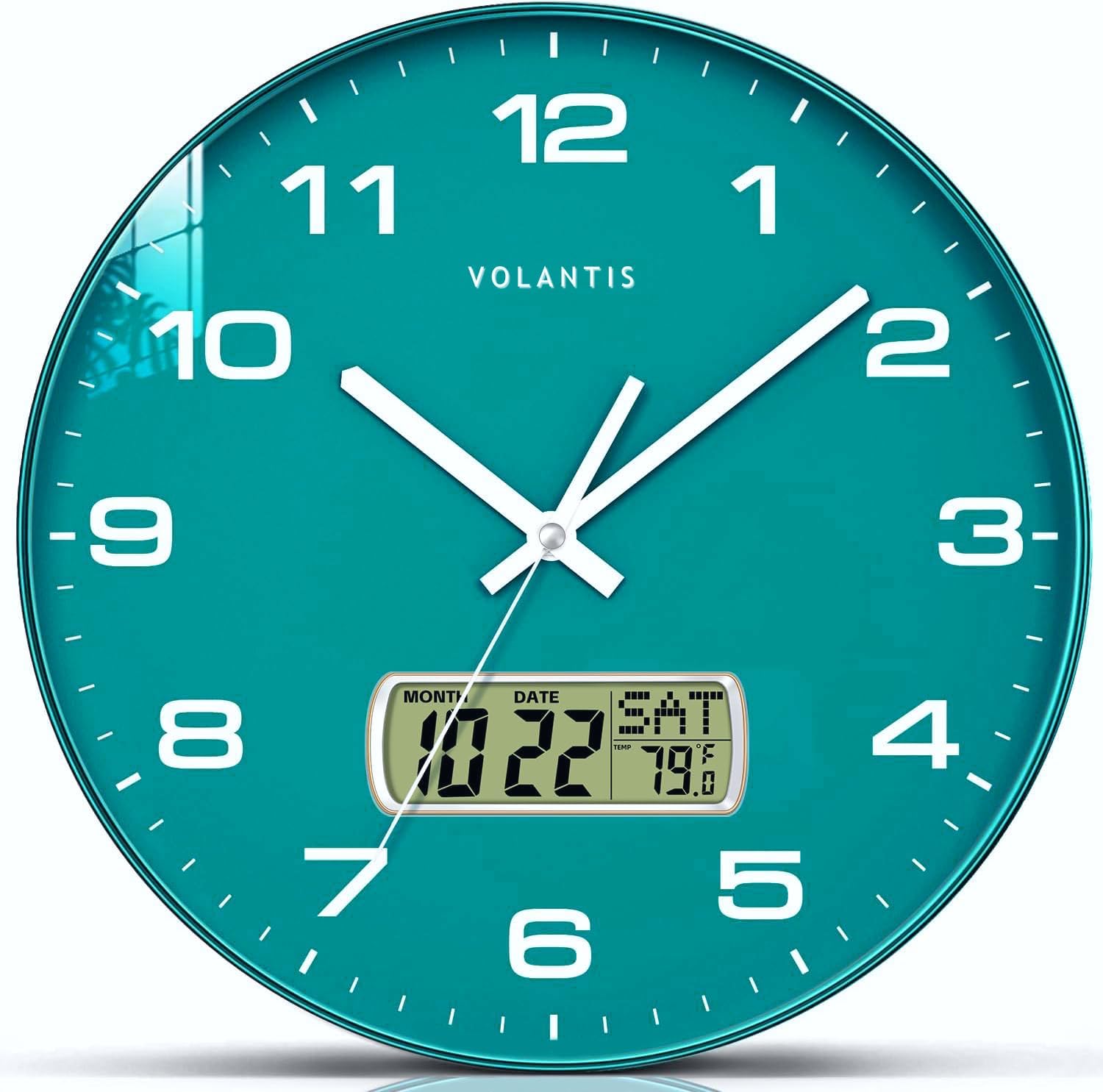 VOLANTIS 12 Inch Non-Ticking Silent Wall Clock with LCD Display for Perpetual Calendar and Temperature,Analog,Digital,Fibreglass (Green)