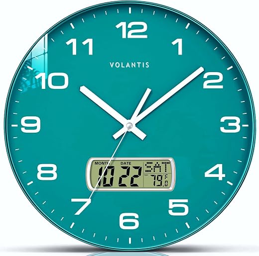 VOLANTIS 12 Inch Non-Ticking Silent Wall Clock with LCD Display for Perpetual Calendar and Temperature,Analog,Digital,Fibr...