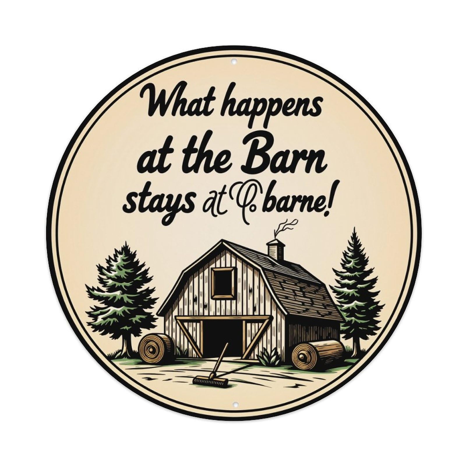 Barn Scene With Trees And Hay Round Tin Sign Vintage Style Metal Sign Home Bar Garden Wall Plaque Decor Metal Poster 8x8 Inch