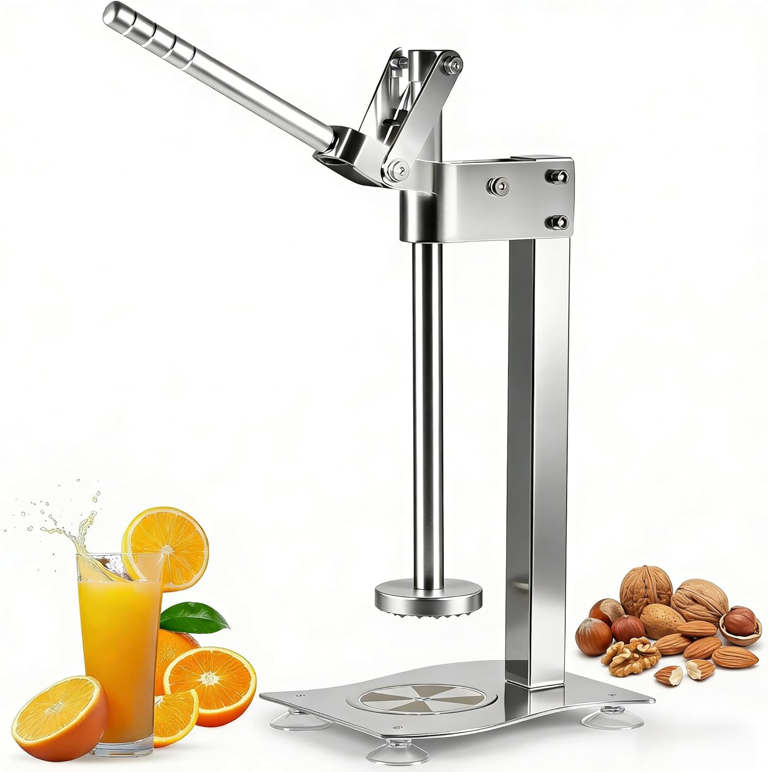 Stainless Steel Manual Lemon Squeezer Press, Heavy Duty Nut & Lemon Smasher Machine, Orange Citrus Fruit Juicer Crusher with Labor-Saving Handle & Suction Cups for Fruit Nut