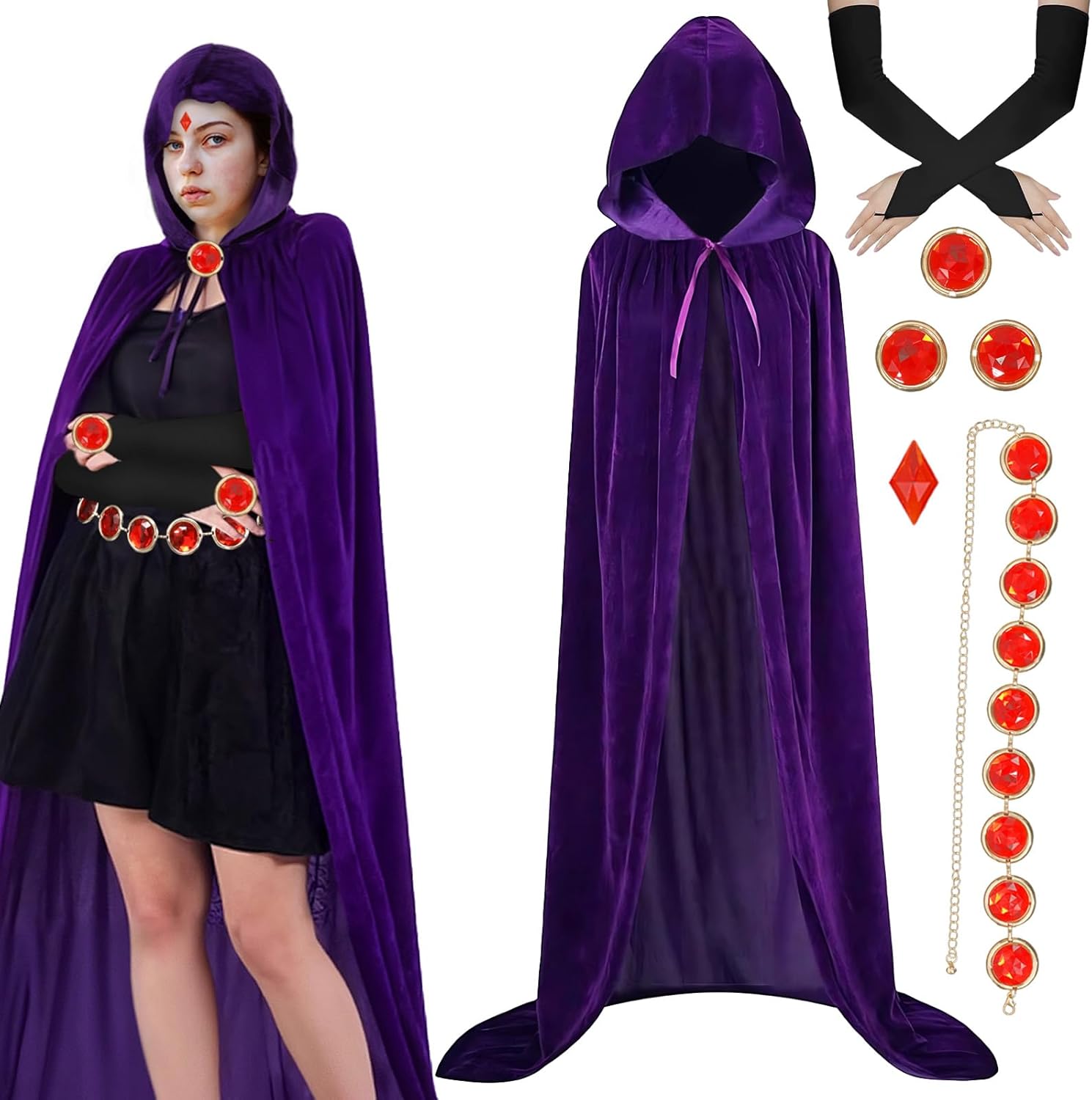 Raven Purple Cape with Hood Anime Cosplay Costume Women with Red Gem Waist Belt Gloves Halloween Outfit
