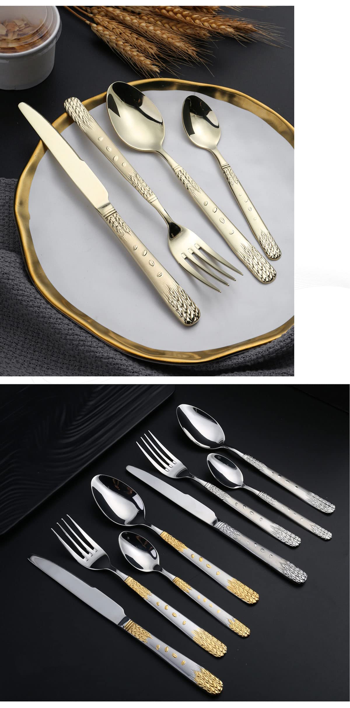 Cubiertos plateados y dorados para 24 personas, juego de 120 piezas de cuchillo, tenedor y cuchara, juego de cena Elegant Life, cubiertos aptos para lavavajillas. (Servicio de banquete para 4)