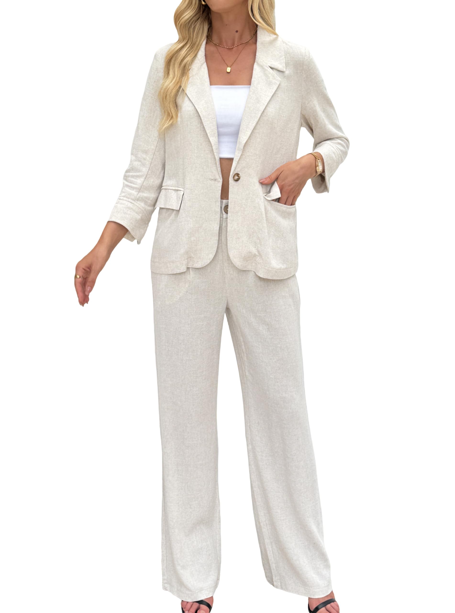 Completo da donna in lino, 2 pezzi, giacche, blazer, pantaloni a gamba larga, set da lavoro casual da lavoro