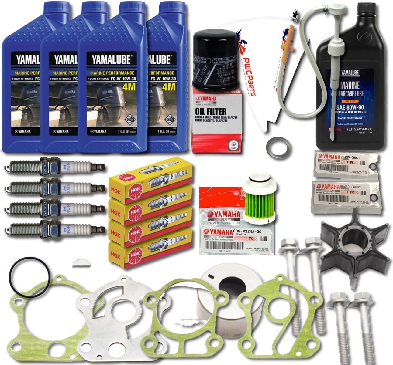 F75 F90 Maintenance Kit, 100-Hour Service Package with Oil Change, Water Pump Rebuild, Gear Lube, Gaskets, Spark Plugs Fits Yamaha 2006-2016 F75A F90A