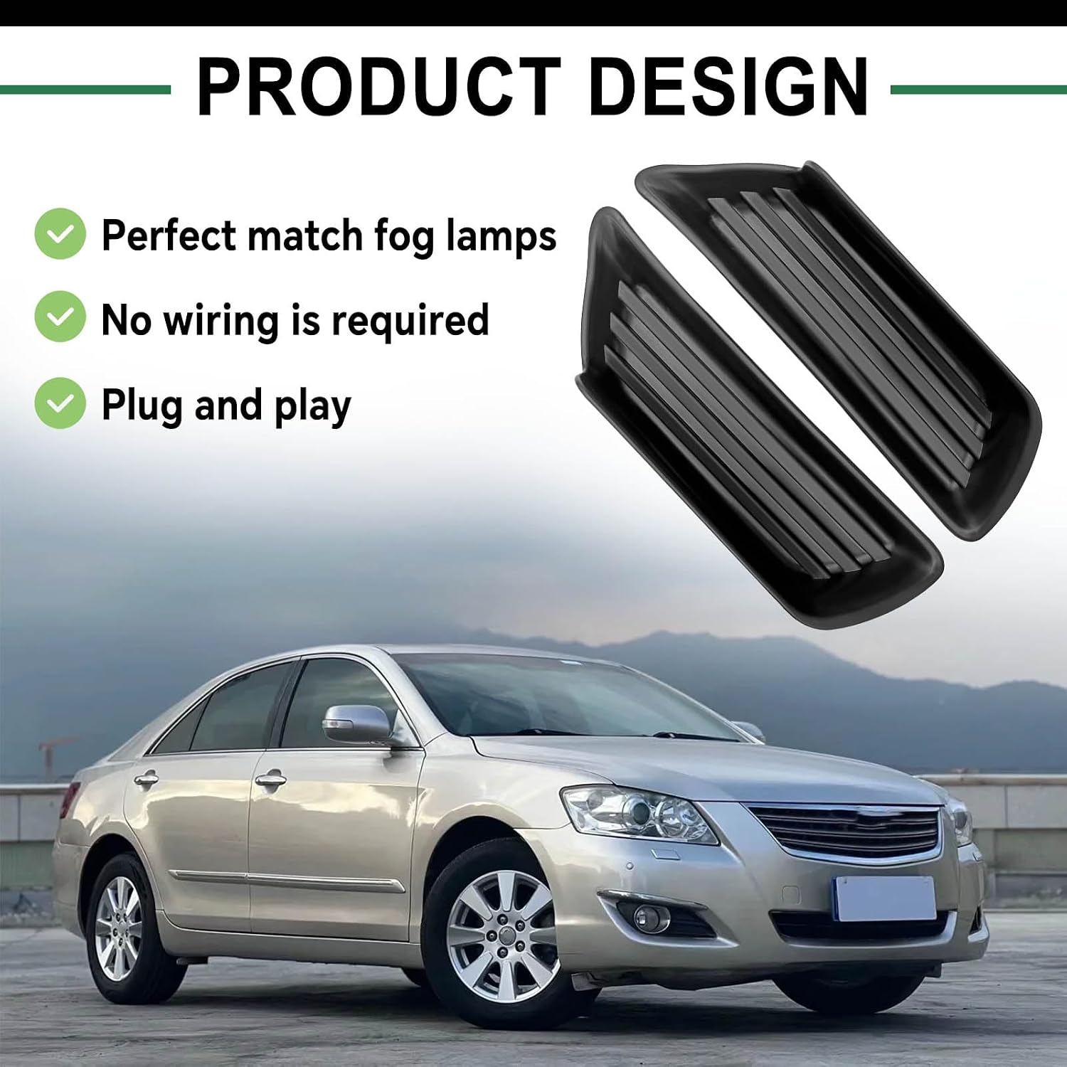 Driver and Passenger Side Front Fog Light Cover Compatible with Toyota Camry 2007-2009 Replace OE #‎52l28-06050 & 52127-06050 (1 Pair Black)