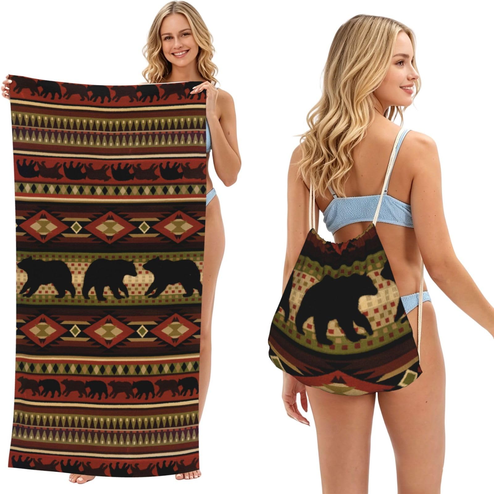 WSHFFILO Bear printed 2 in 1 Packable Towel Bag Bath Towel Beach Towel
