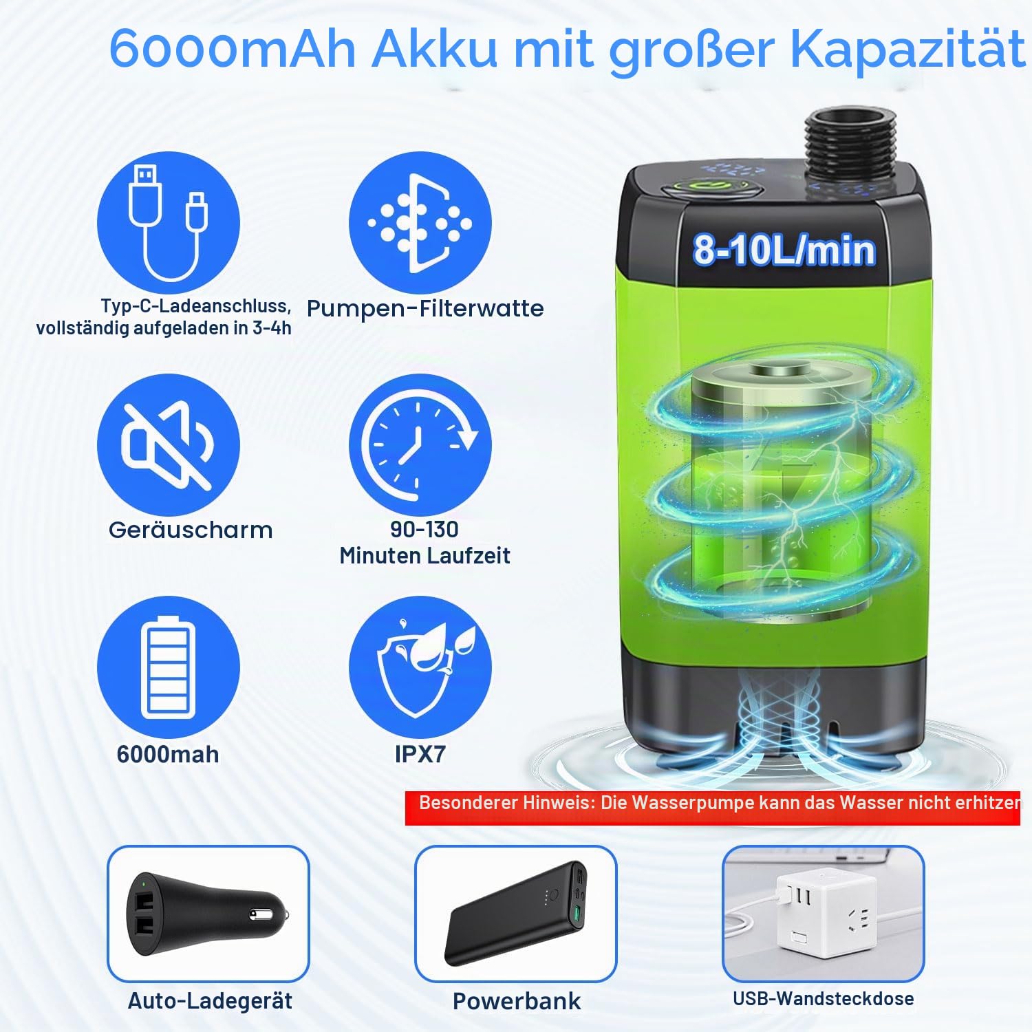 Anesty Tragbare Campingdusche Set, 6000mAh Wiederaufladbar Camping Duschen Pumpe mit Smart-Display, Duschkopf, 20L Falteimer und Zubehör für Outdoor Reisen, Garten, Autowaschen, Haustier