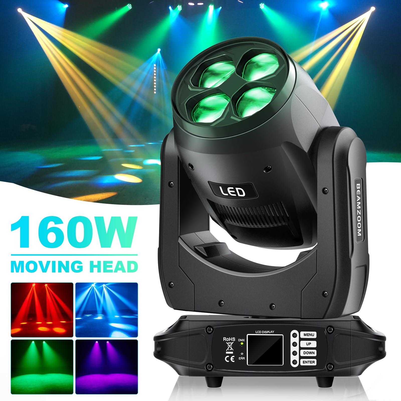 Bee Eyes LED Beam Moving Head Licht 4-in-1 Zoom-Effekt Bühnenlicht RGBW Licht für Event Show DJ Bar Pub Club Hochzeit Disco Party Licht