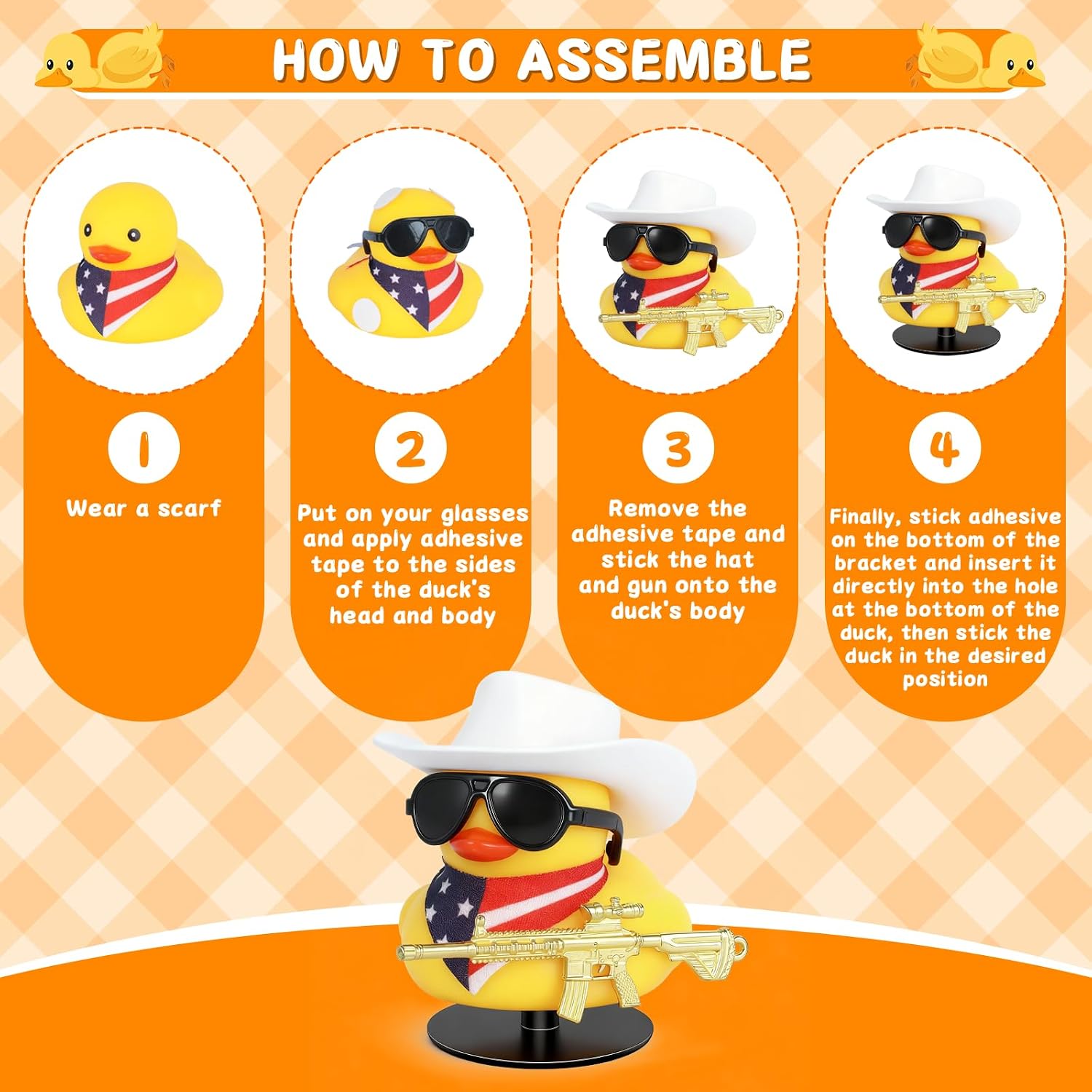 DIY Cowboy Rubber Duck Kit with White Cowboy Hat, Gun, Bib, Black Sunglasses, Stand, Instructions for Car Dashboard & Home/Office Decor - Funny Mini Rubber Ducks Accessory Gift for Adults