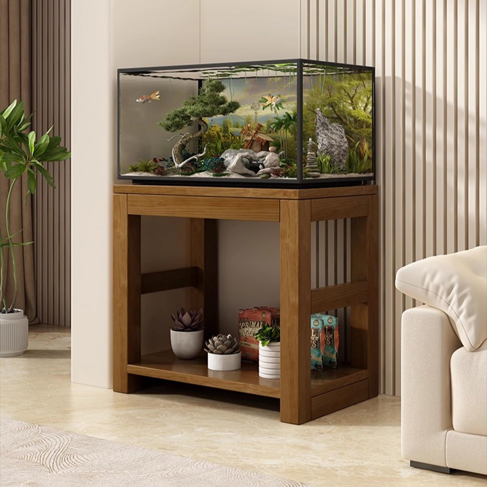 Solid Wood Aquarium Stand, Wide Multi-tier Fish Tank Stand, Minimalist and Versatile, Flexible Storage, Sturdy, Suitable for Living Rooms and Balconies(Walnut,39.4x13.8x24.4in)
