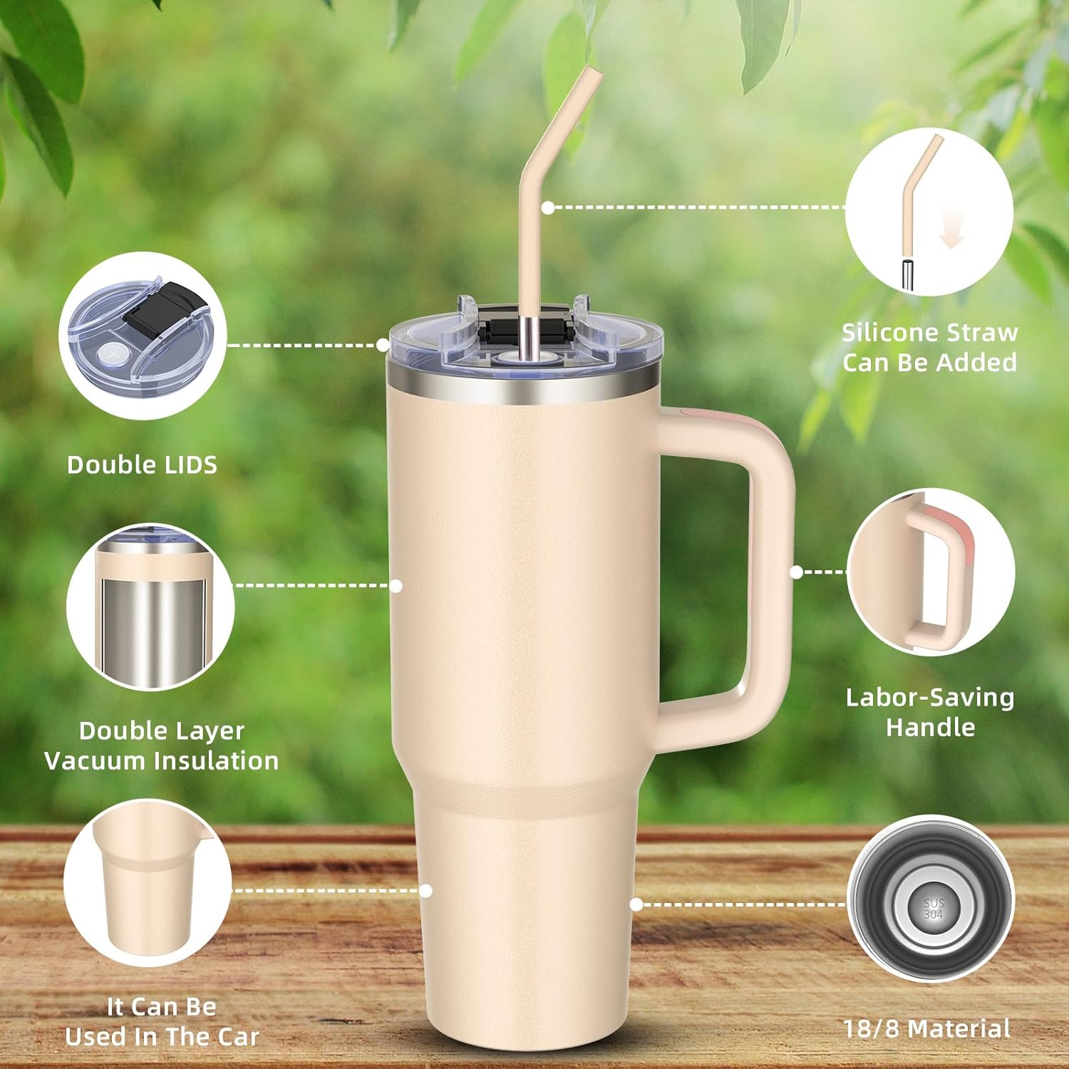 40 oz tumbler with handle and straw,Double Wall Vacuum Reusable Stainless Steel Insulated Water Bottle,With Leak Proof lid and Straw for Iced or Cold Beverages (Rose Quartz) - Image 6