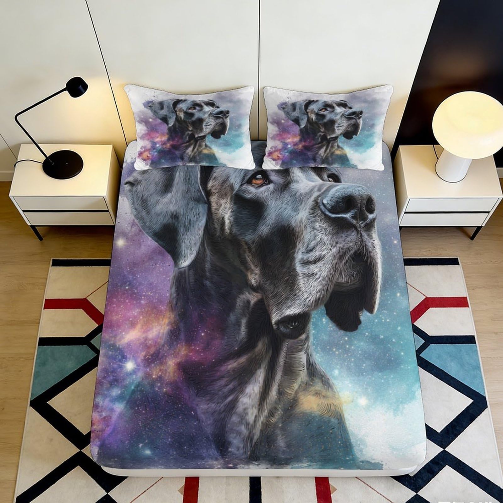 3D Printed Black Great Dane Fitted Sheet Microfiber Anti-Slip Galaxy Sky Mattress Cover for Bedroom Dorm Decor 90x200x25cm