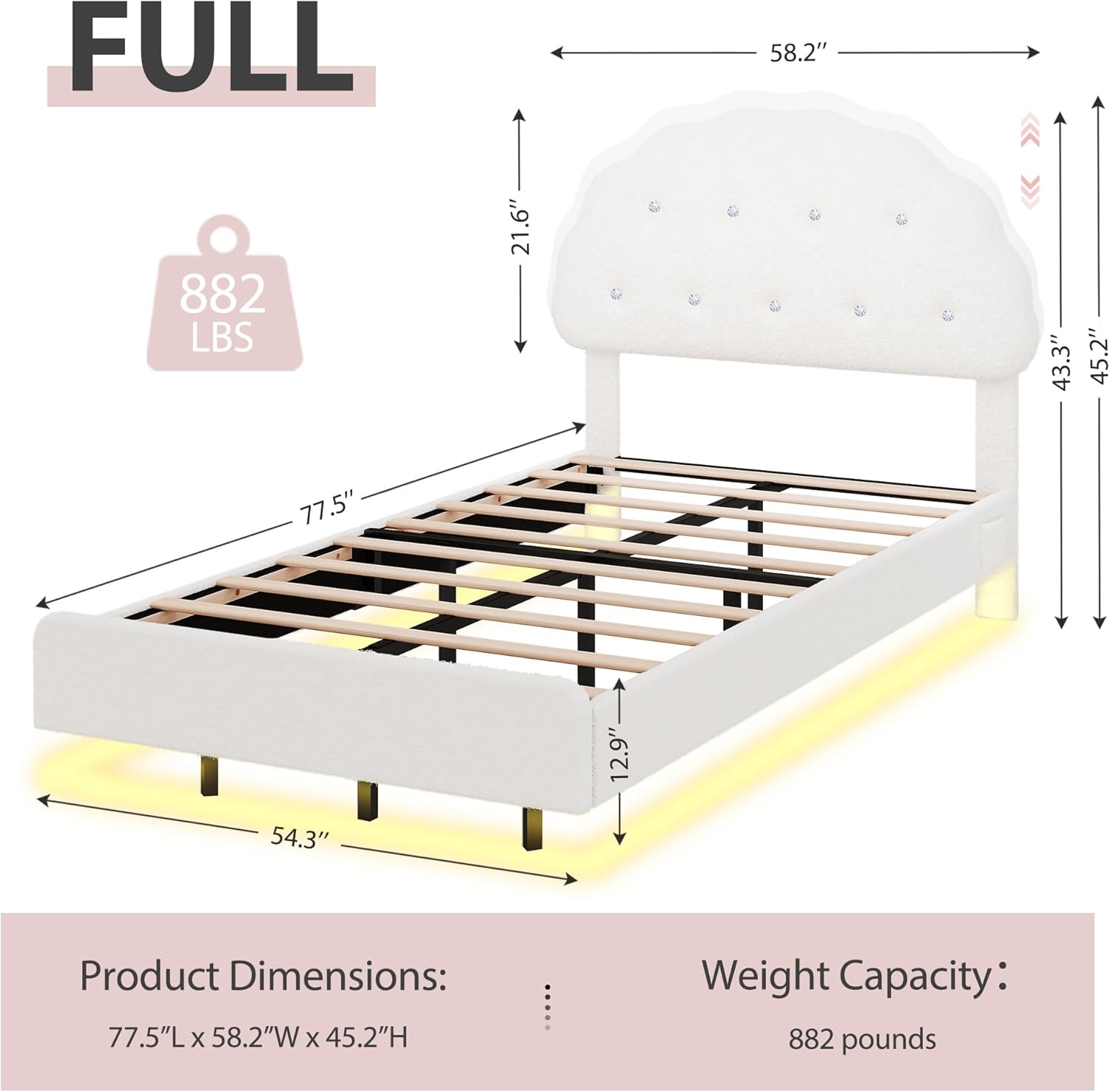 Cookie Full Upholstered Bed Frame with LED Lights, Floating Bed Frames with Adjustable Headboard and Raised Footboard for Princess/Prince Bedroom, Teddy Velvet（White）