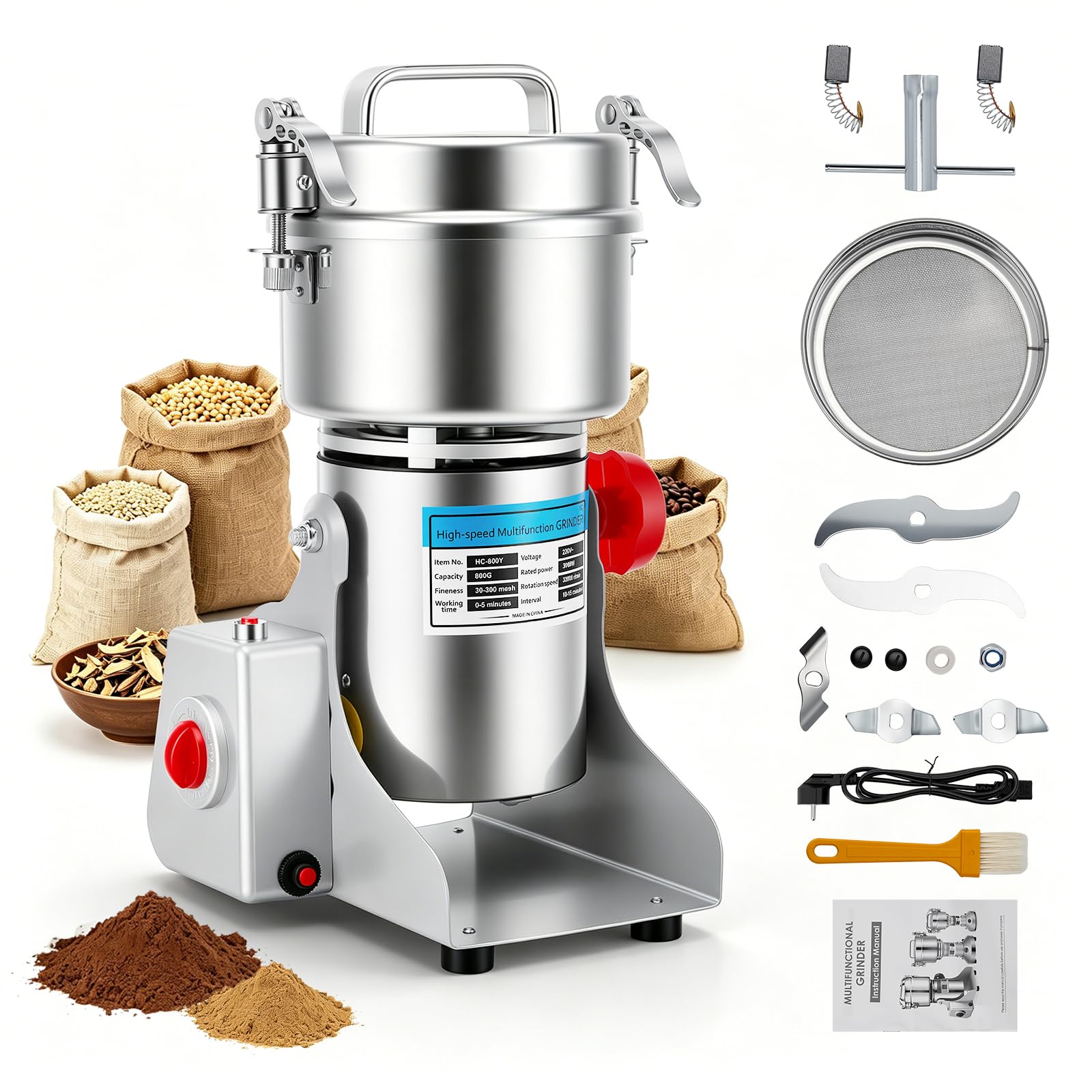 500g Electric Grain Grinder, 2400W Stainless Steel Grain Mill with 25000RPM High Speed Grinding, Electric Flour Mill for Grains Spices Herbs and Coffee, Overload Protection & Safety Cover Stop, 220V
