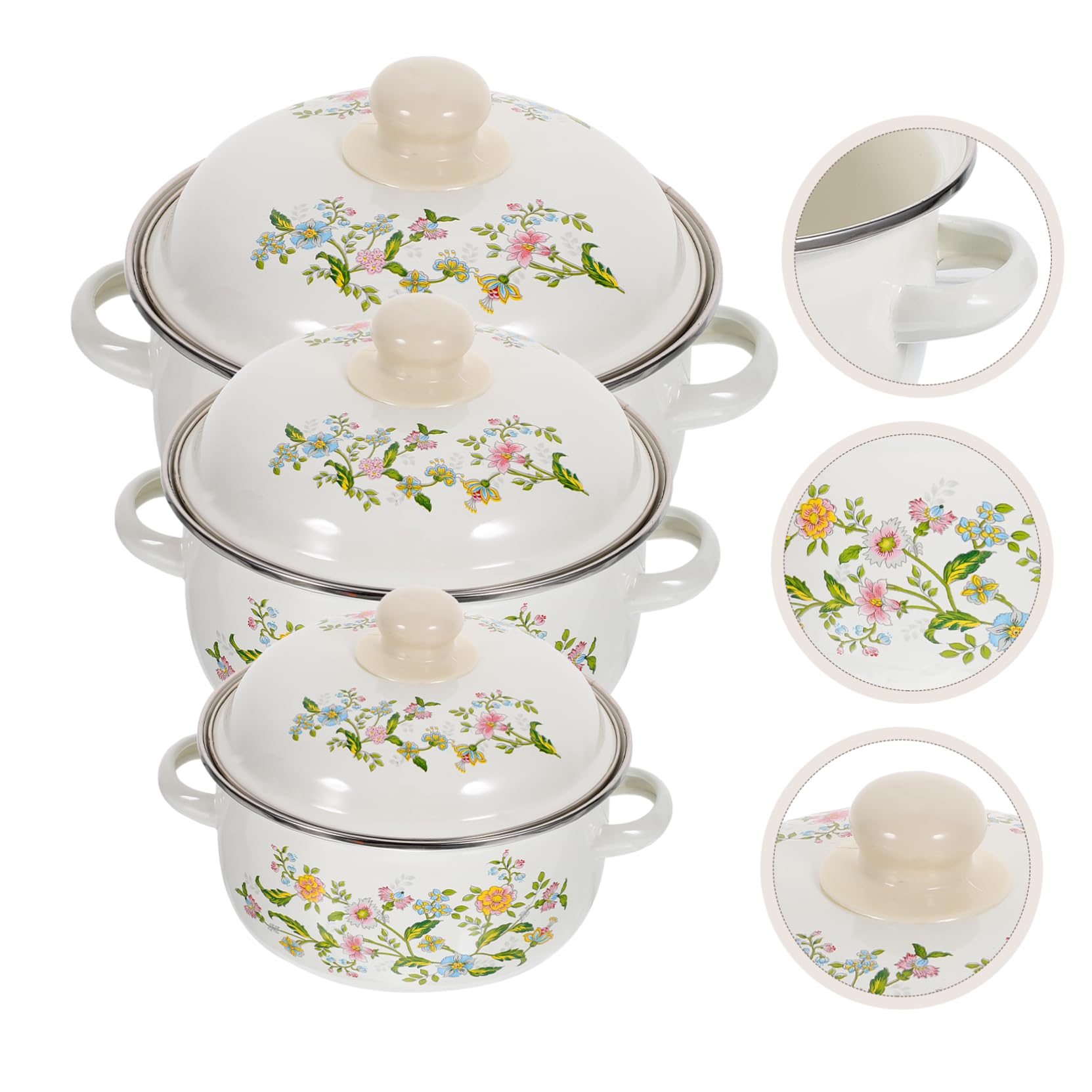 Toyvian 3 Stück Teiliges Emaille Mini suppentopf set mit Griffen Vintage Kochgeschirr für Ceranfeld für Instant nudeln Suppen und Babynahrung Emaillierter Kochtopf mit Flachem Boden