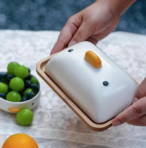 Miniatura 4 de PURROOM Platos de mantequilla de pato para encimera, plato de bambú con tapa de porcelana. Contenedor de bandeja de madera de 7x4.7 "para 1 barra de