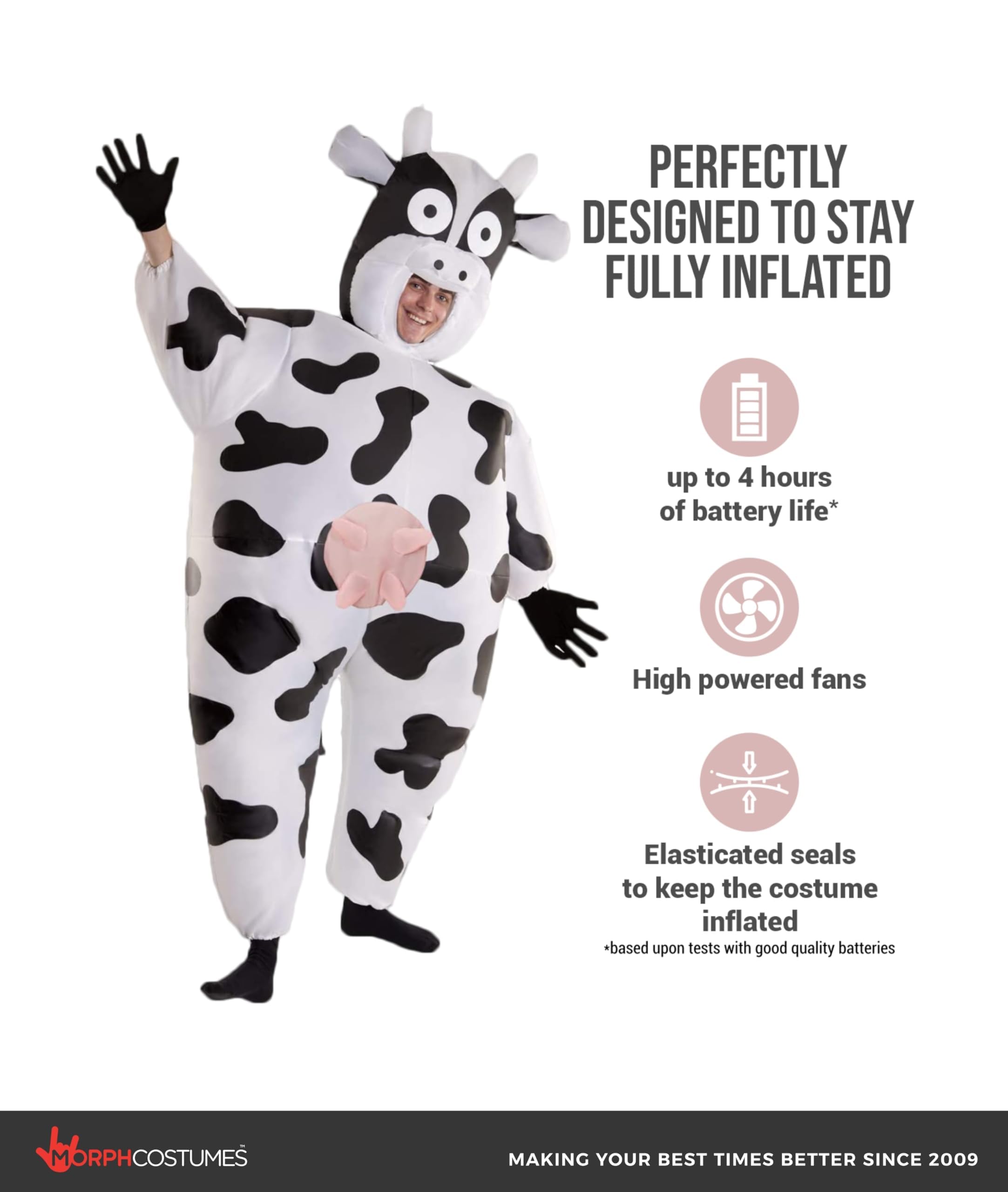 MORPH Disfraz Vaca Hinchable Adulto, Disfraces Vaca Mujer, Disfraz Inflable para Carnaval y Halloween, Talla única | Traje Blanco con Manchas & Guantes, Ventilador de Batería, Se Infla en Segundos, Perfecto para Halloween, Siempre un Éxito