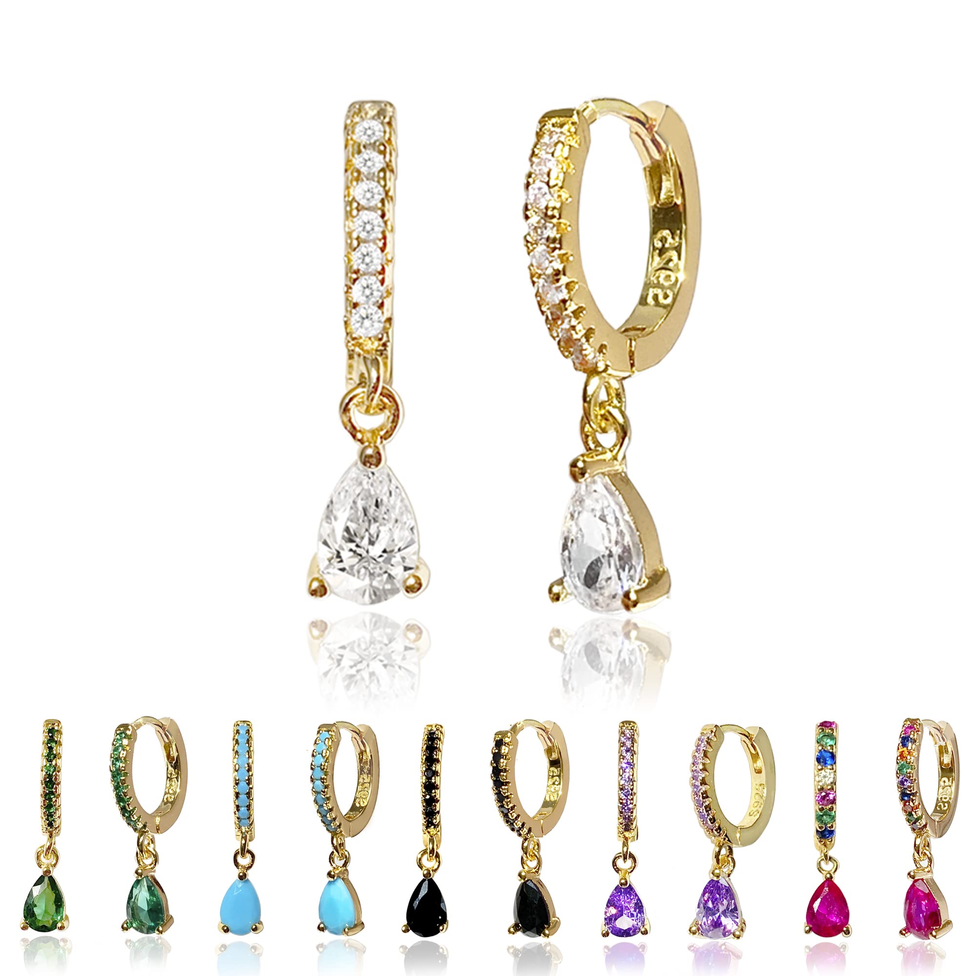 Crystalina Pendientes mujer plata de ley 925 chapados en oro 18K, Aros de plata con circonitas con colgante, Aros de plata de ley, Pendientes aros plata, Joyería mujer, Regalos para mujer