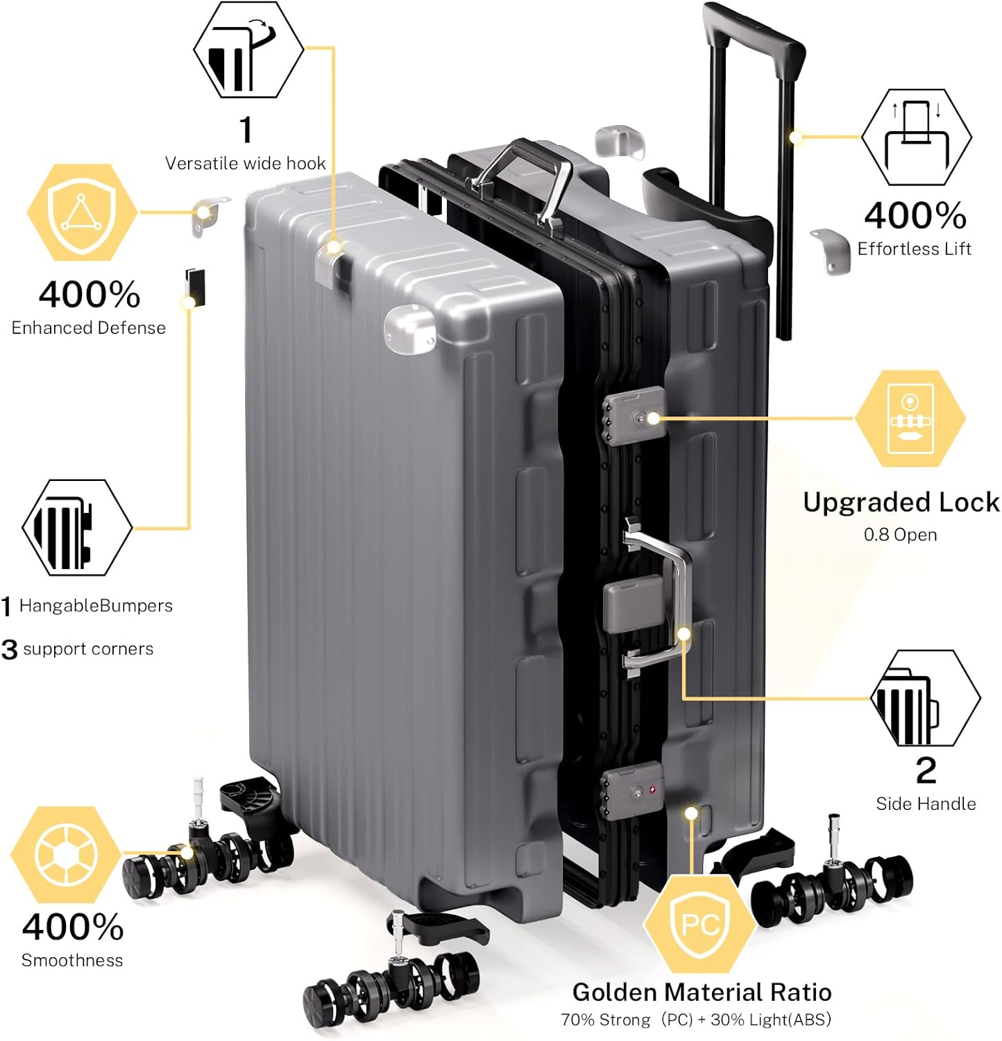 Krute No Zipper Luggage Set 2 Pieces Aluminum Frame Suitcase Sets Polycarbonate Hard Shell Luggage TSA Lock Checked Suitcase with Spinner Wheels